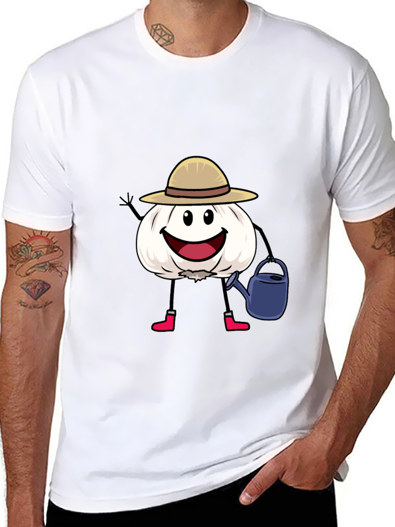 Cartoon Garlic Gardener Black T-Shirt