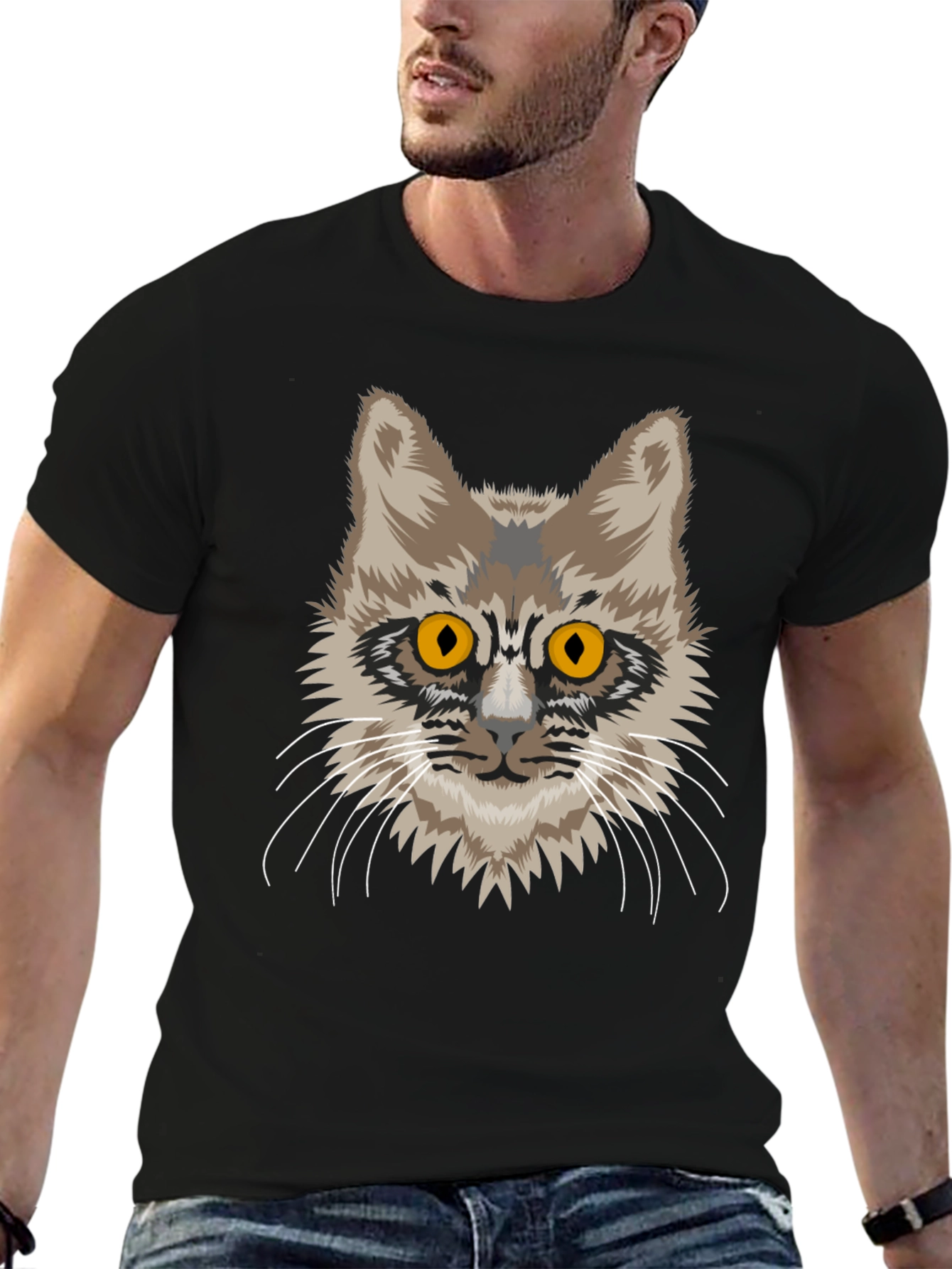 Cat Face Graphic Tee - Unisex Black Cotton T-Shirt