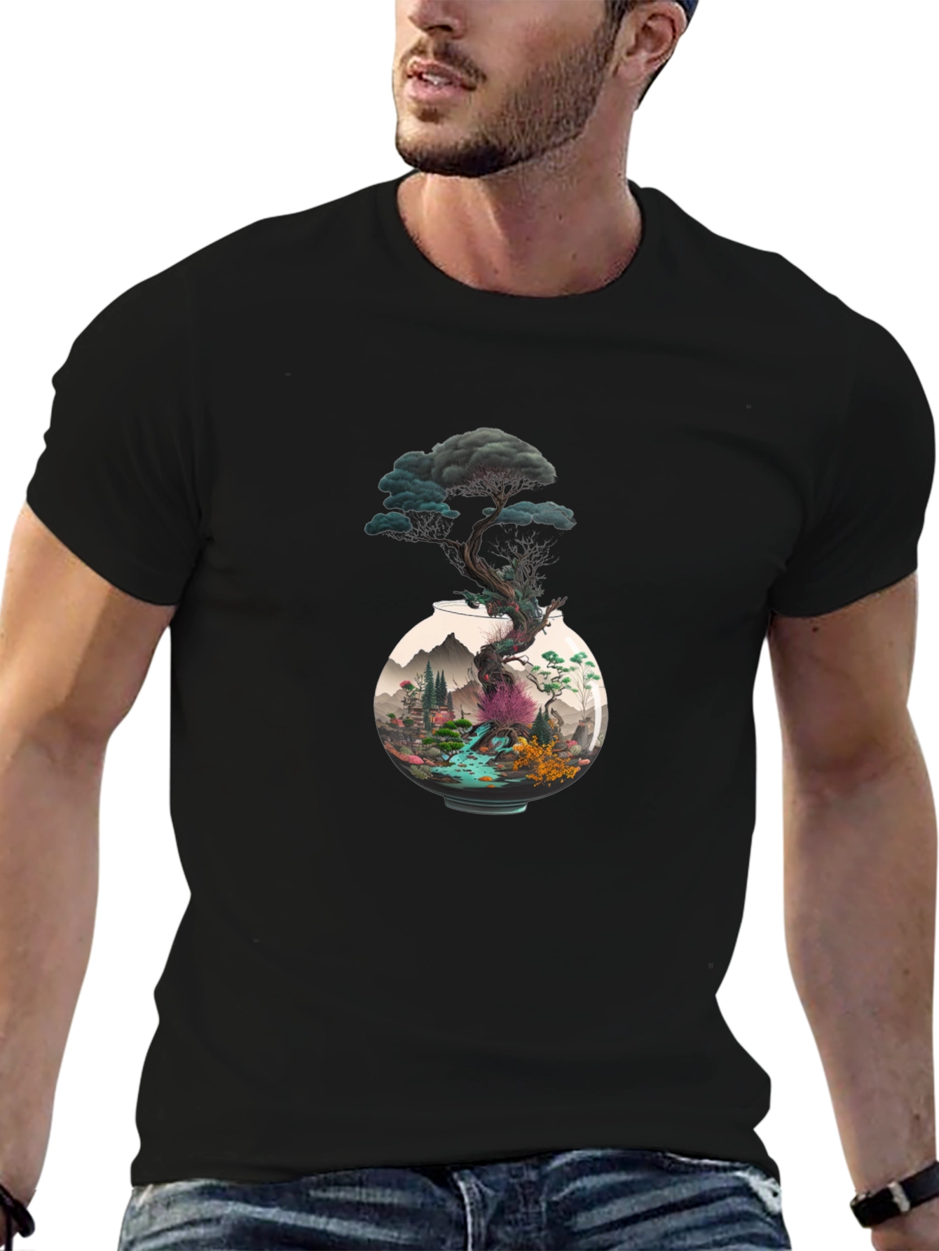Unique Bonsai Tree Graphic Tee - Black