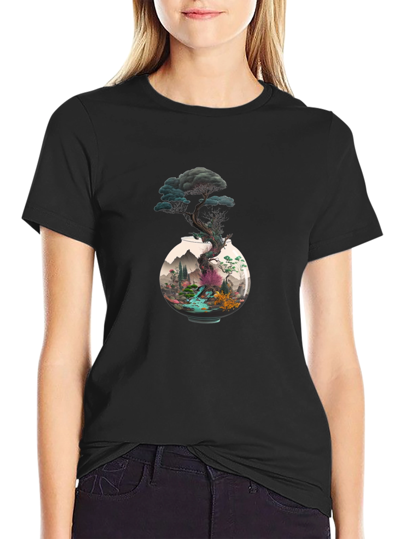 Unique Bonsai Tree Graphic Tee - Black