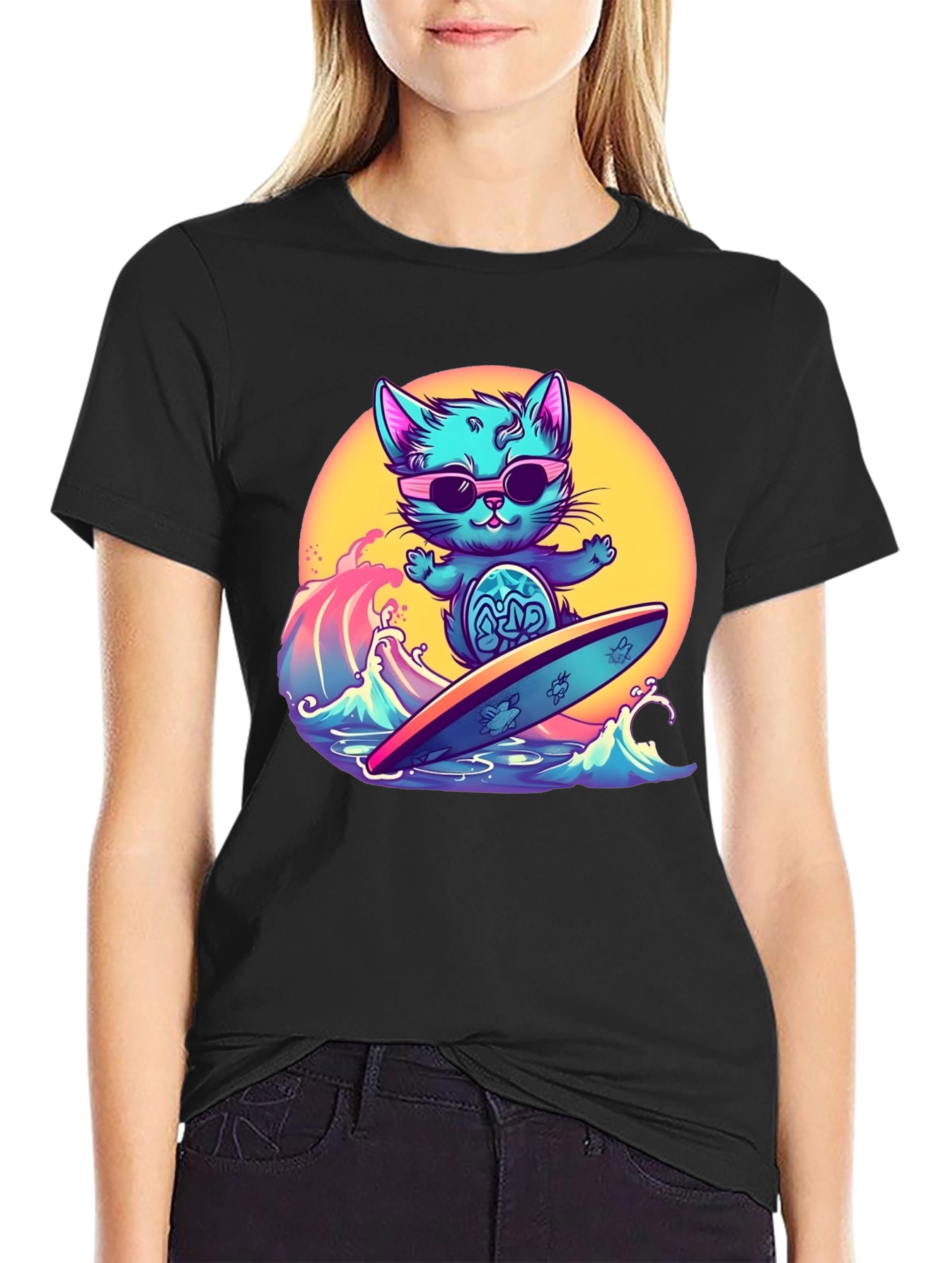 Cool Cat Surfing T-Shirt - Black