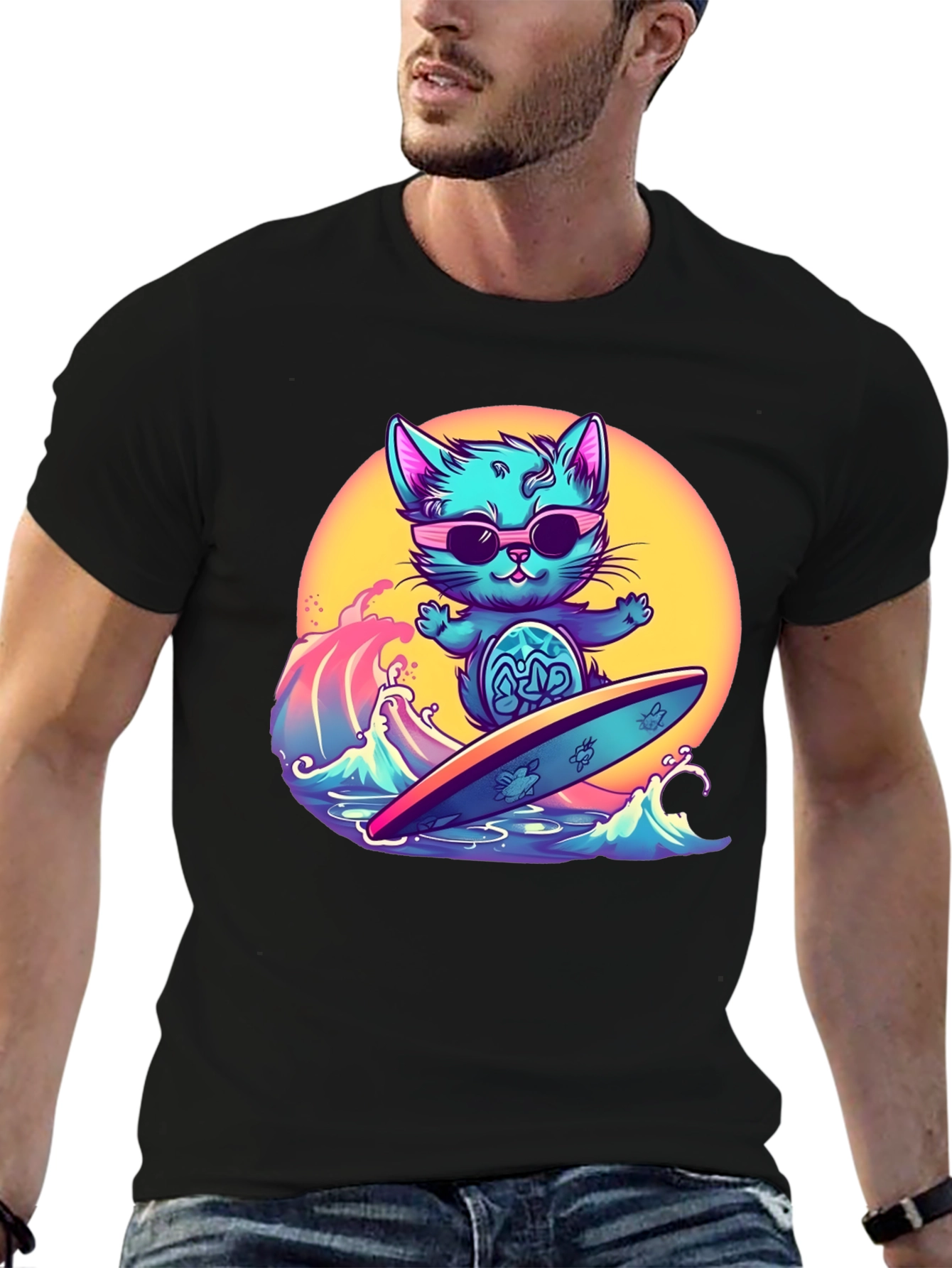 Cool Cat Surfing T-Shirt - Black