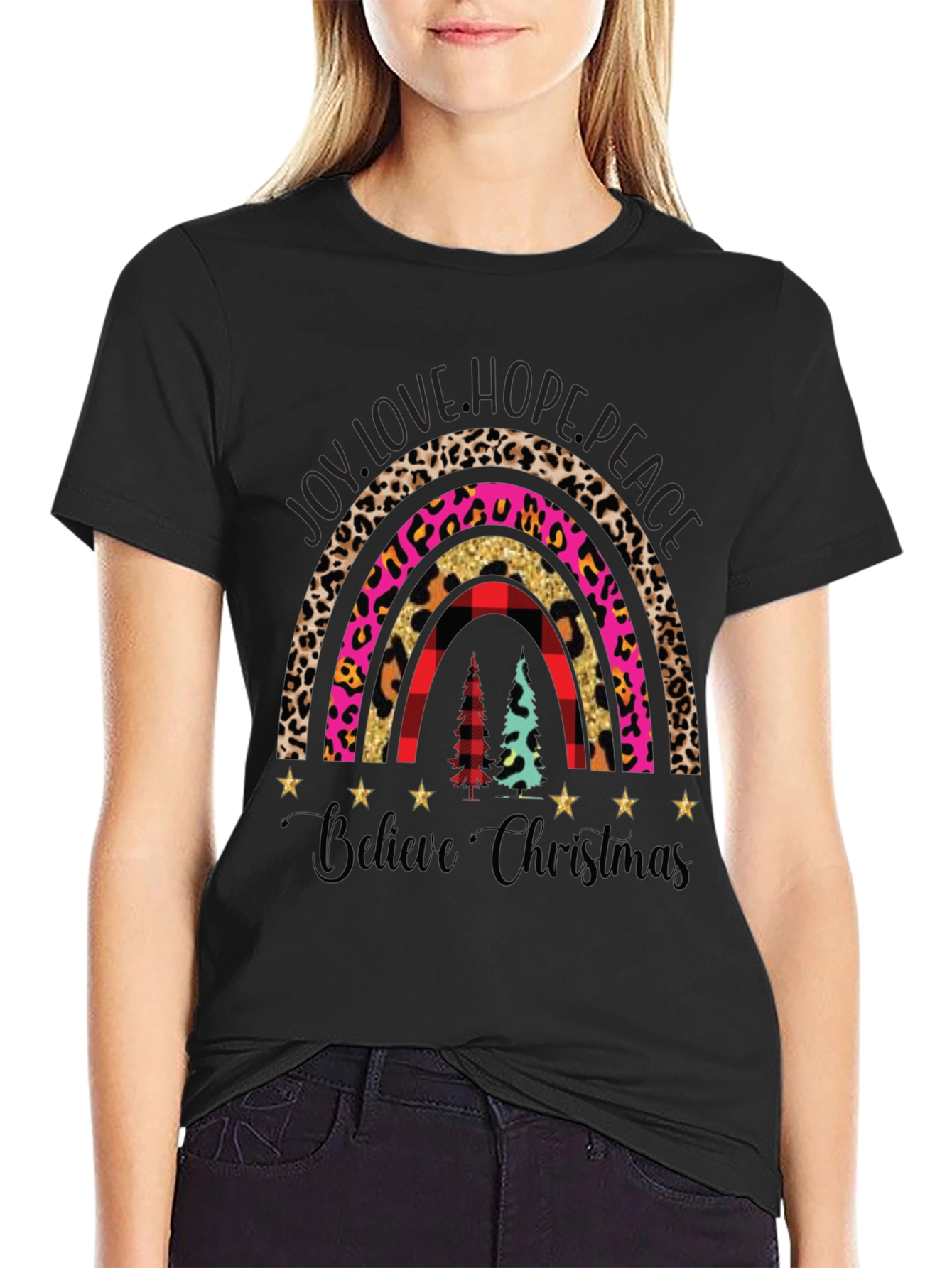 Believe Christmas Rainbow Graphic T-Shirt