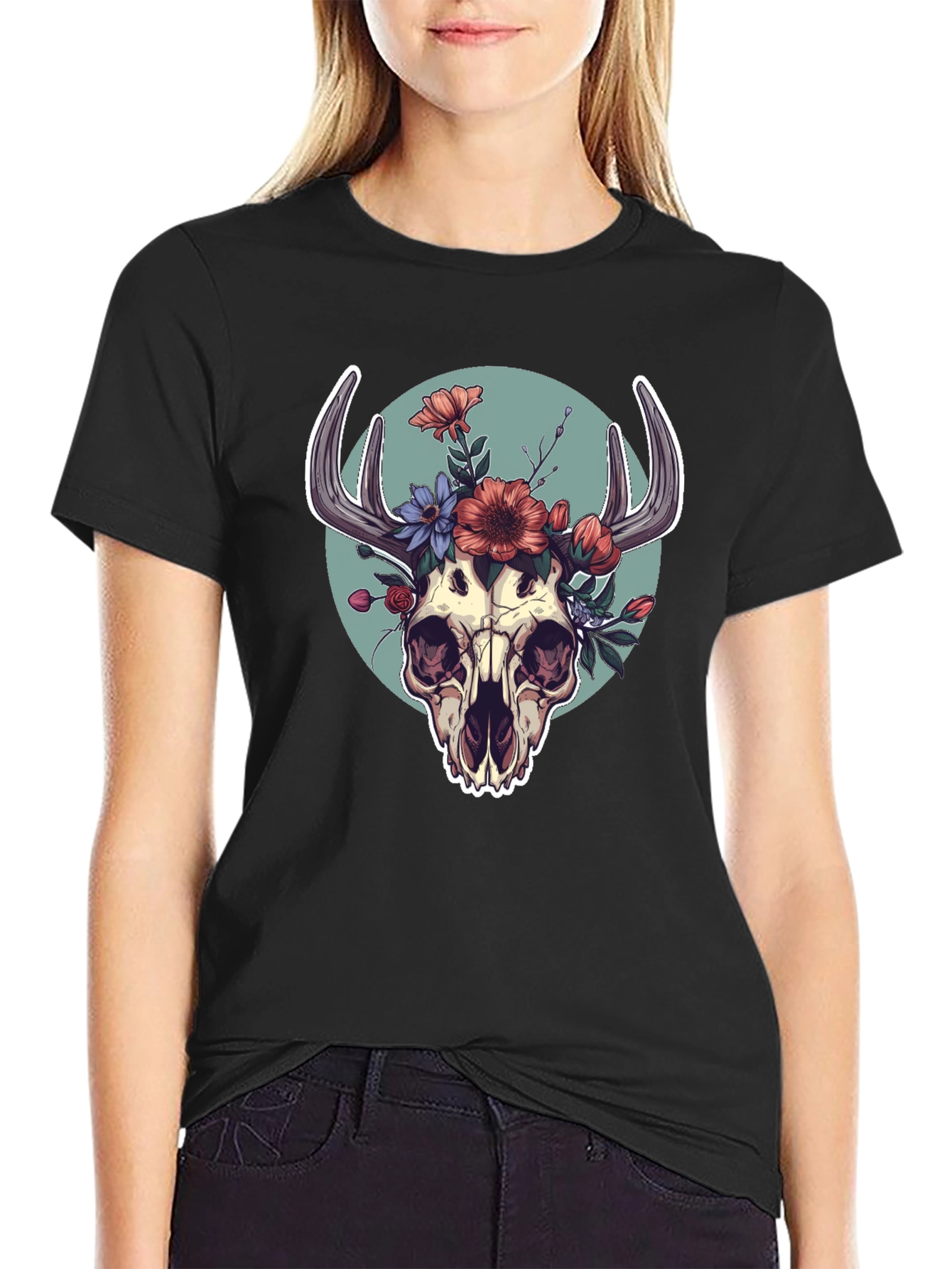Floral Skull Graphic Tee - Black