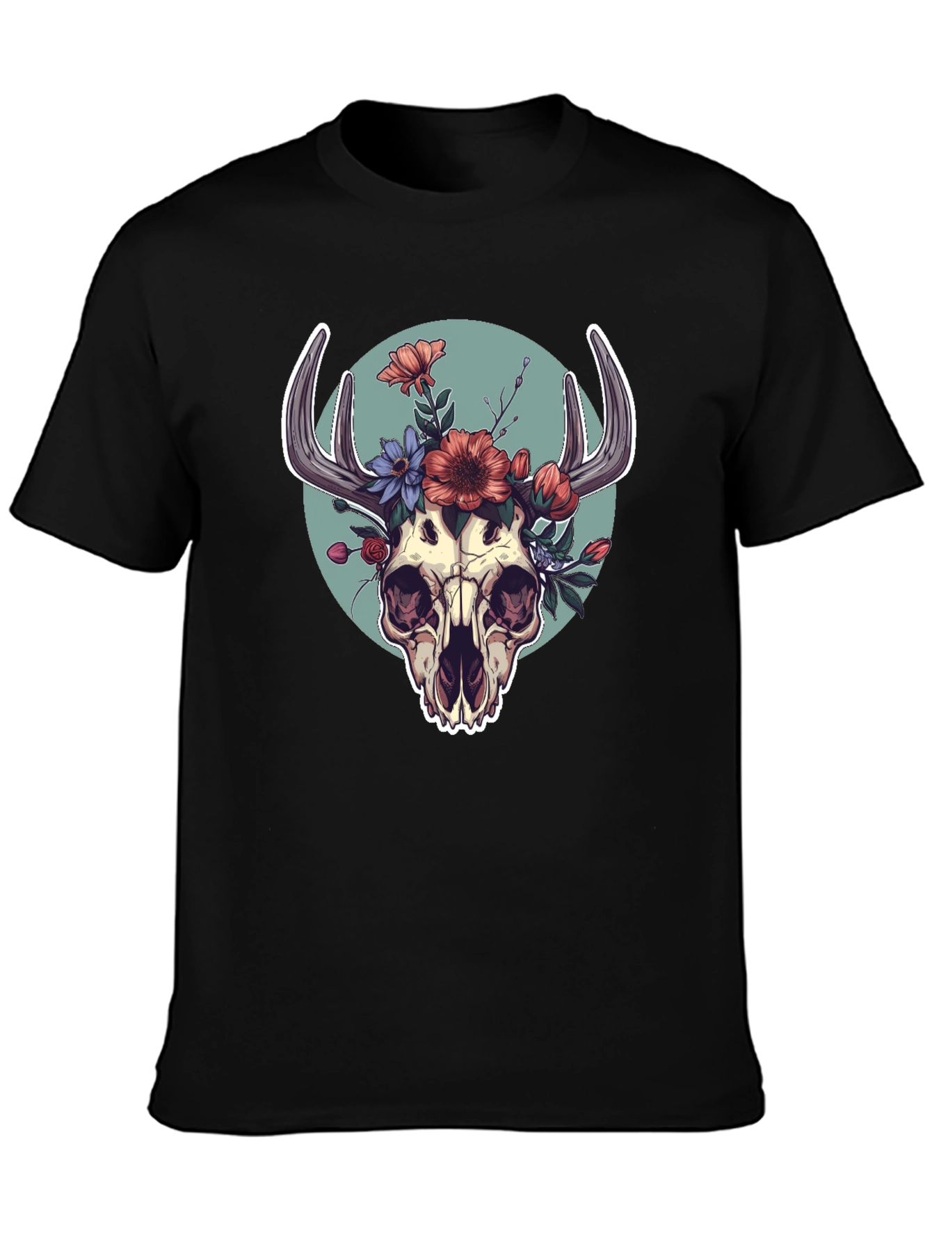 Floral Skull Graphic Tee - Black