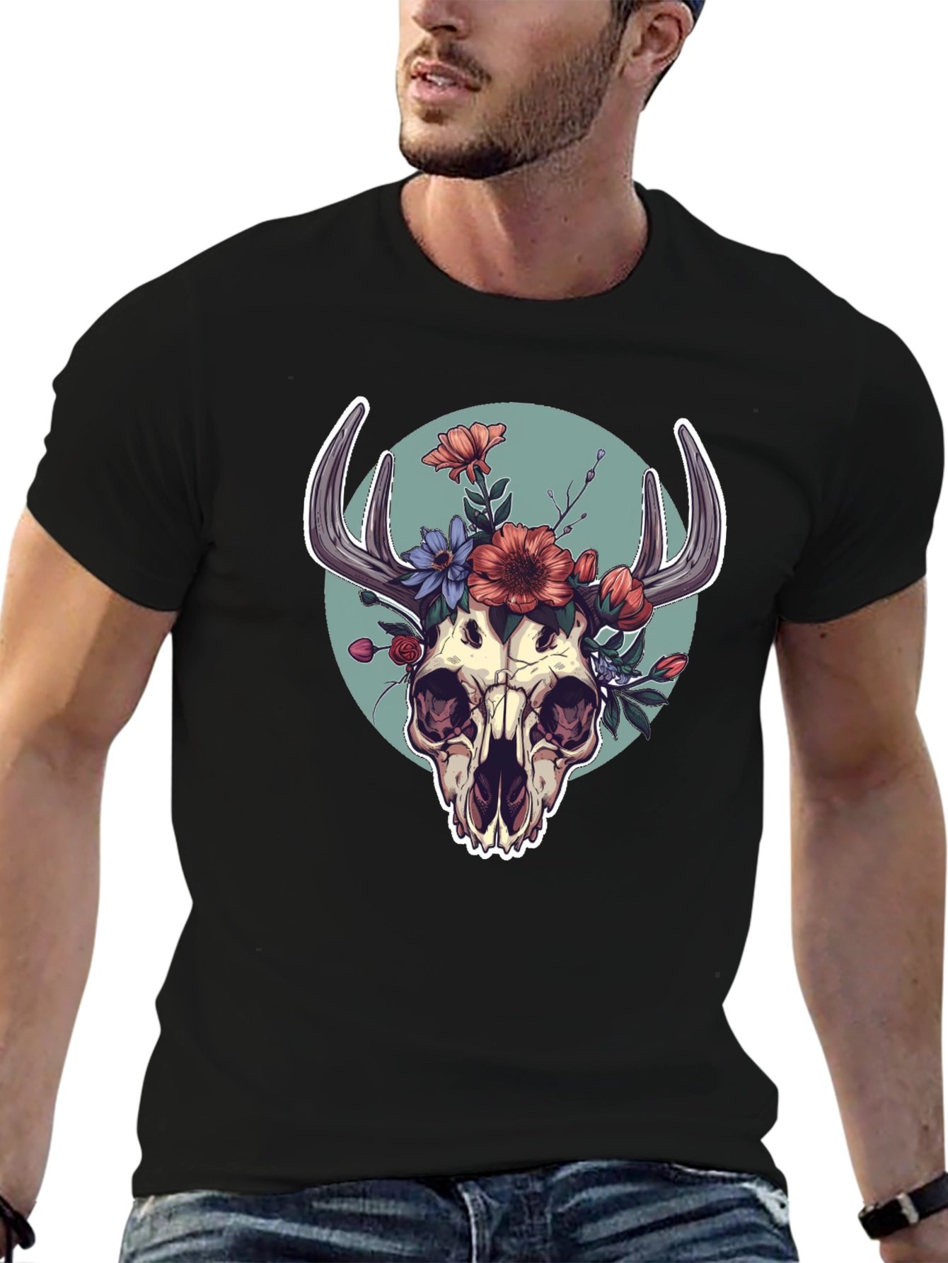 Floral Skull Graphic Tee - Black