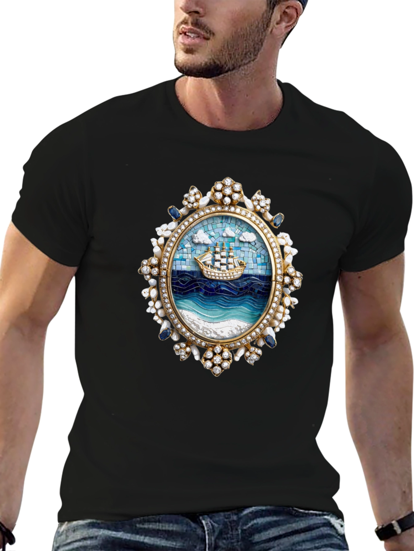 Nautical Ship Mosaic Graphic Tee - Black