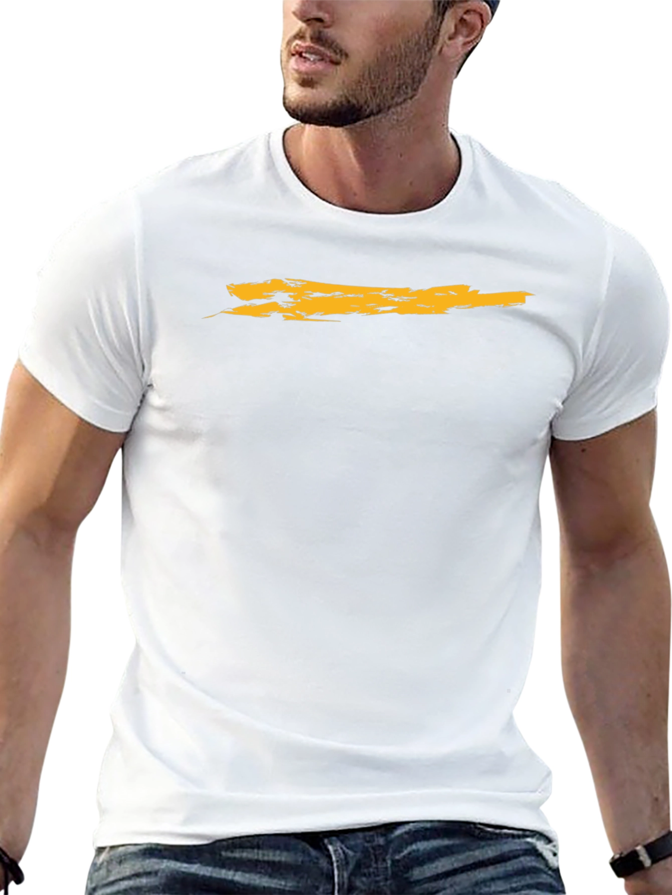 Mens Black T-Shirt with Distressed Gold Stripe