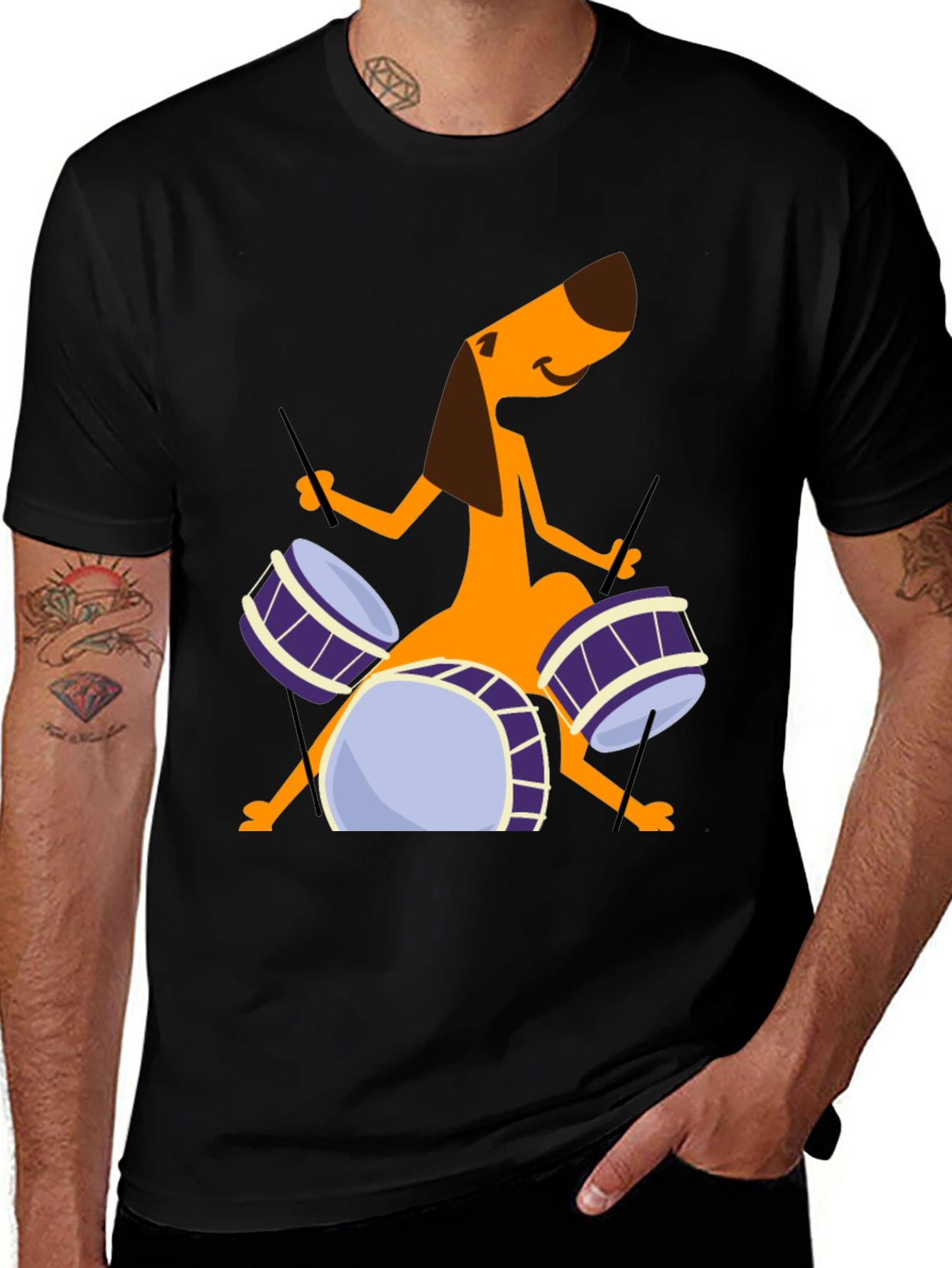Dog Drummer Graphic Tee - Black Cotton T-Shirt