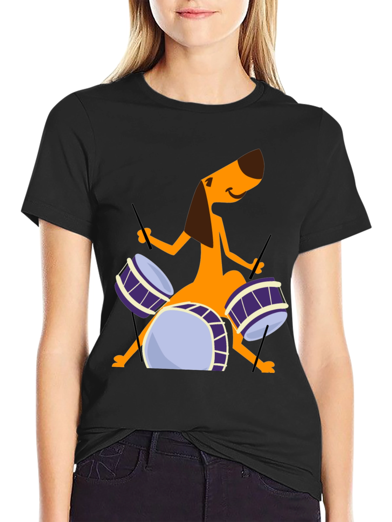 Dog Drummer Graphic Tee - Black Cotton T-Shirt