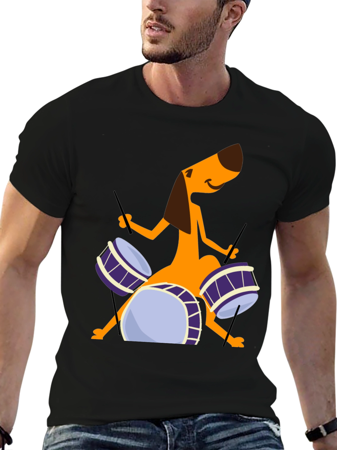 Dog Drummer Graphic Tee - Black Cotton T-Shirt
