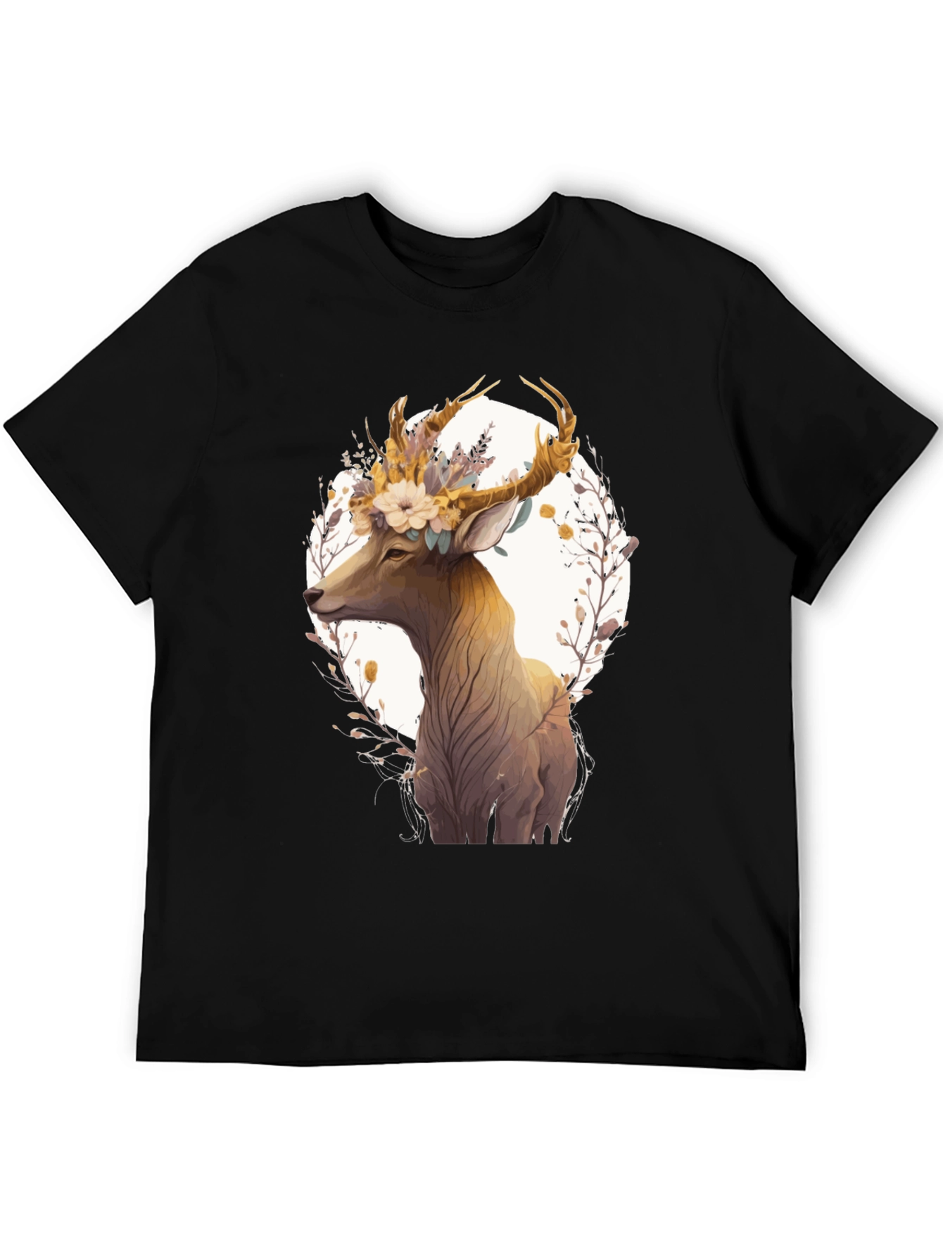 Floral Deer Graphic Black T-Shirt - Unisex