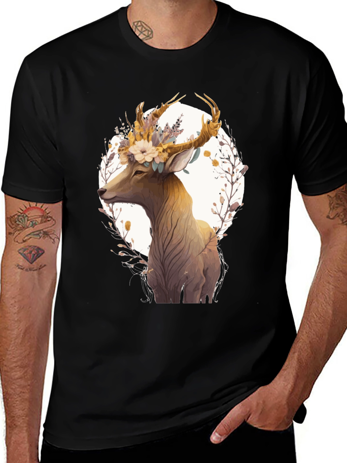 Floral Deer Graphic Black T-Shirt - Unisex
