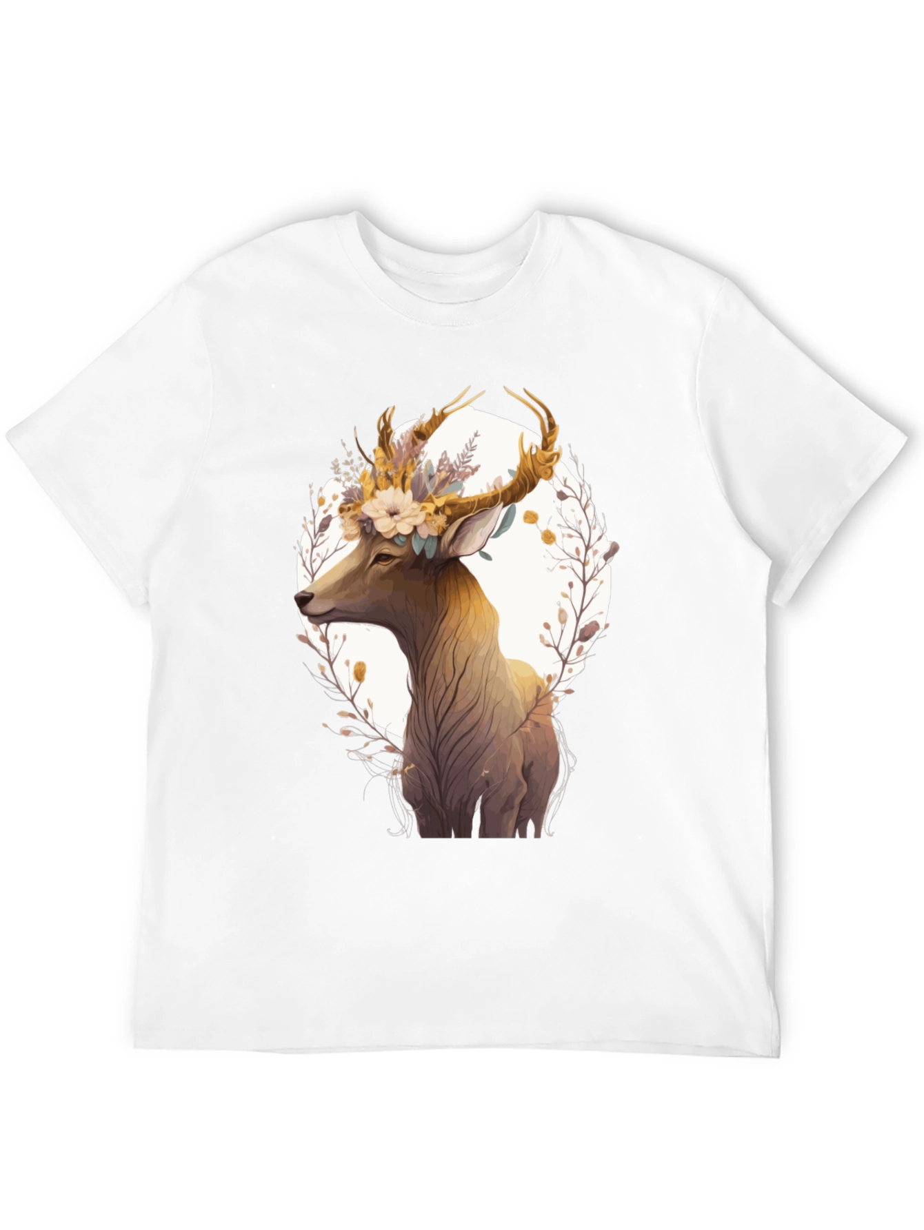 Floral Deer Graphic Black T-Shirt - Unisex