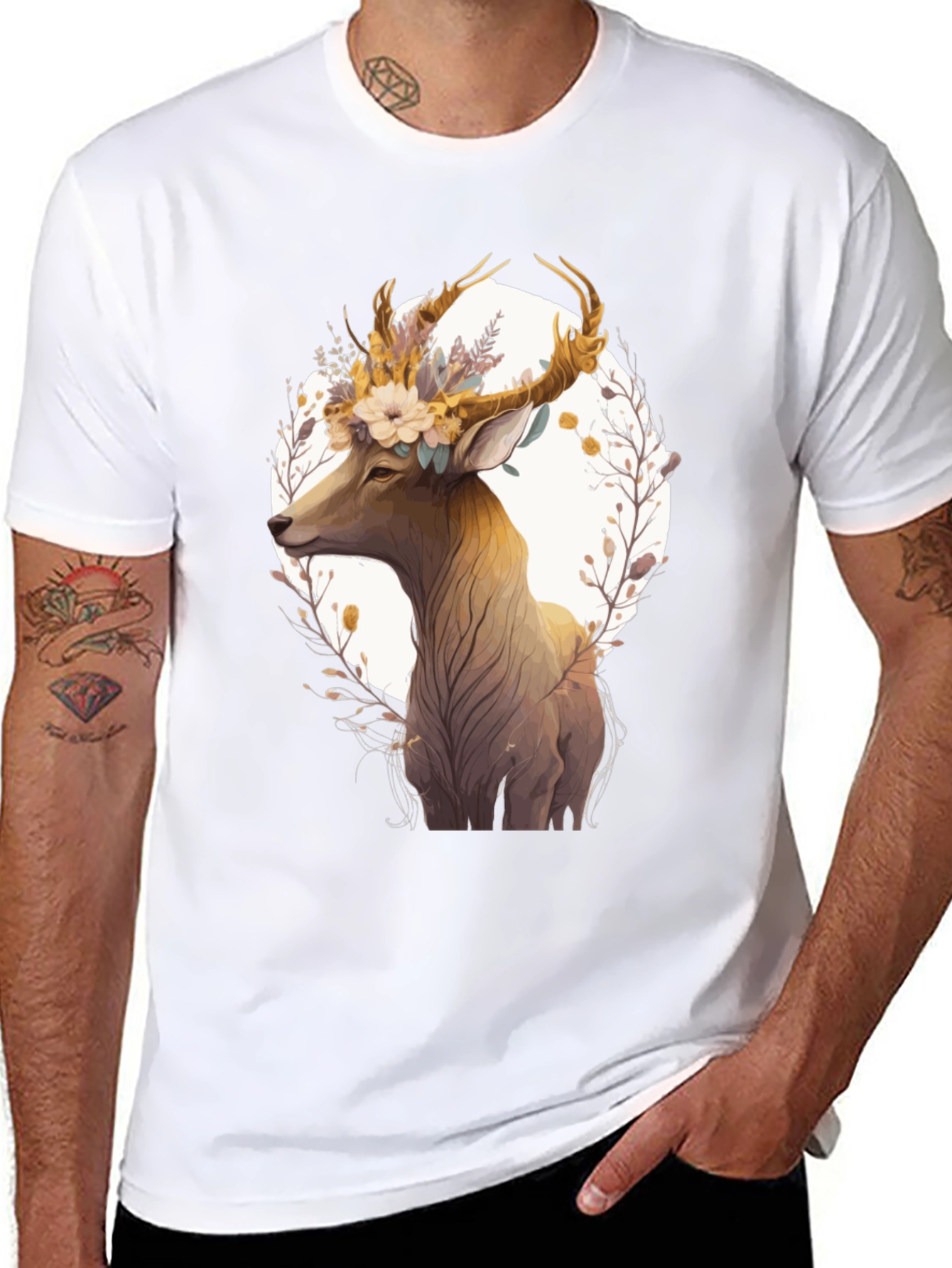 Floral Deer Graphic Black T-Shirt - Unisex