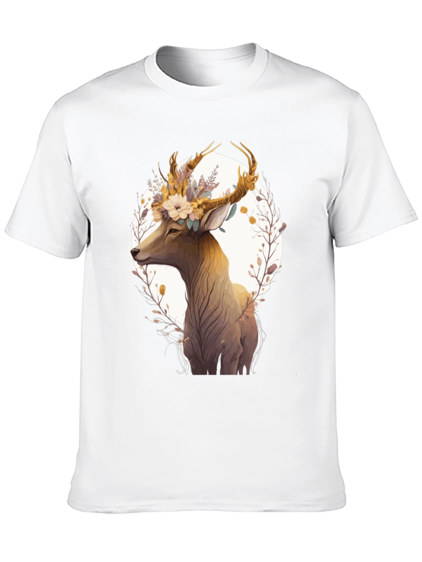 Floral Deer Graphic Black T-Shirt - Unisex