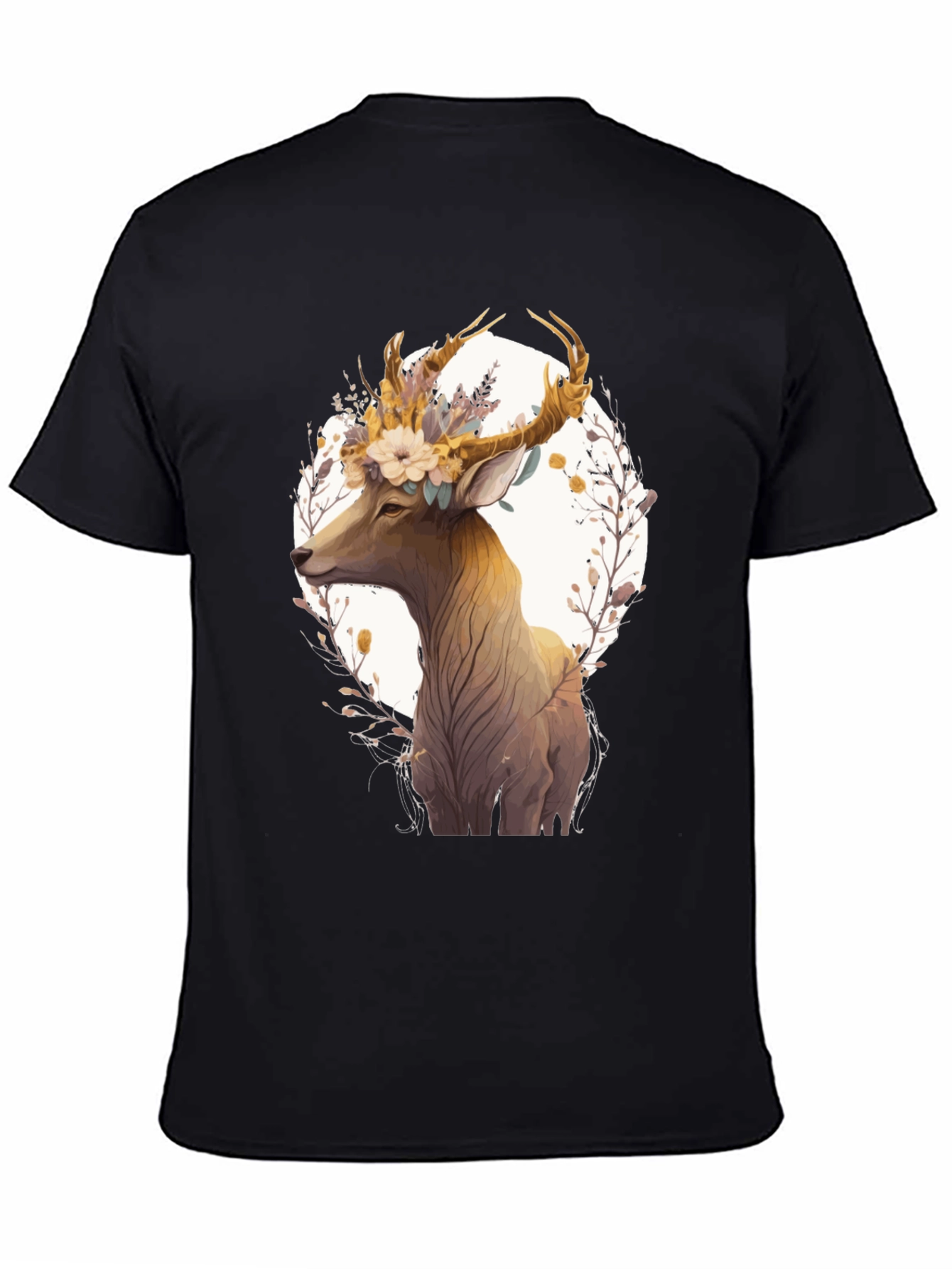 Floral Deer Graphic Black T-Shirt - Unisex