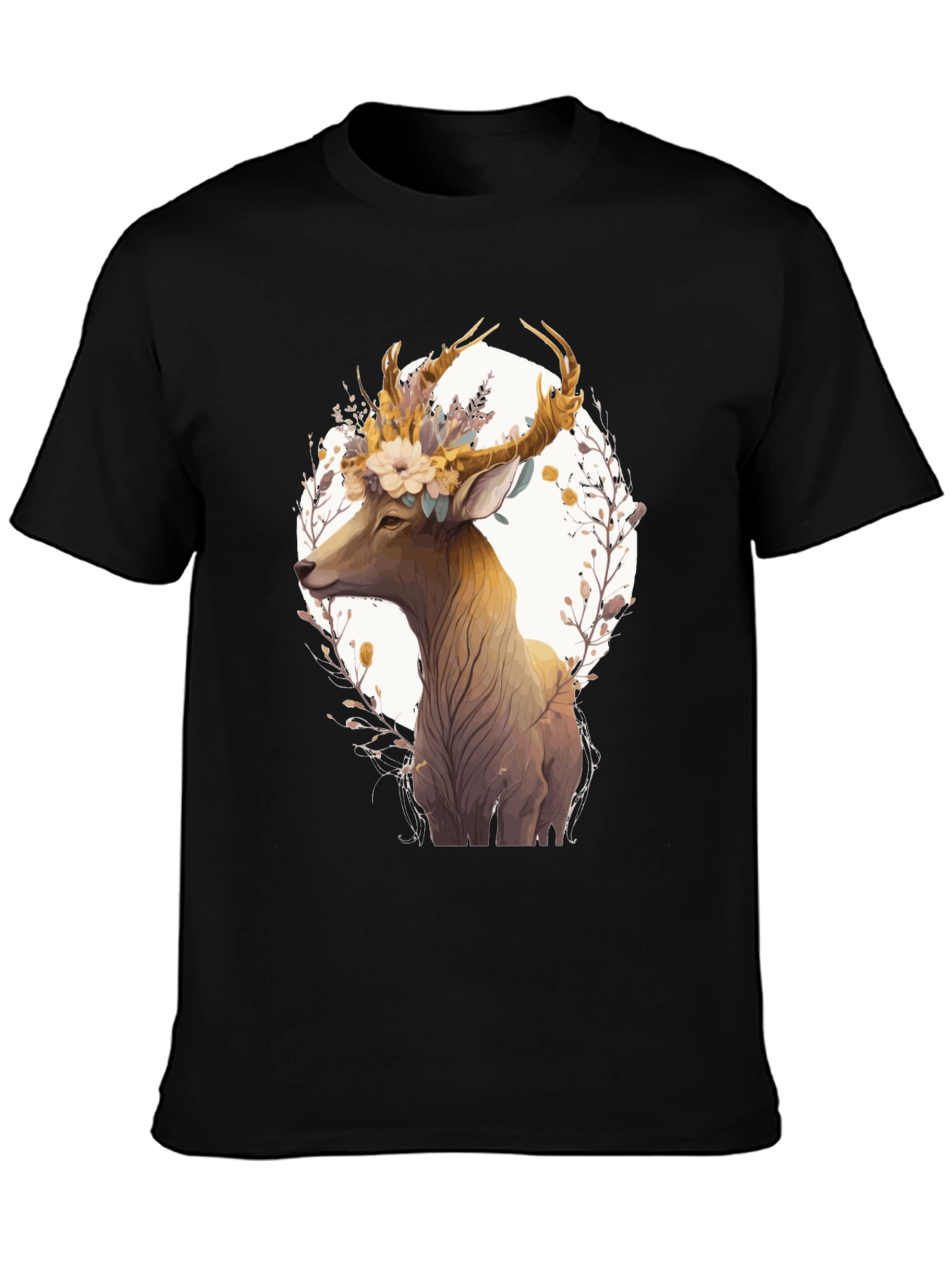 Floral Deer Graphic Black T-Shirt - Unisex