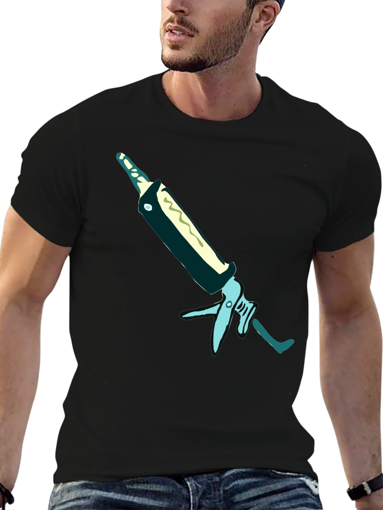 Black T-Shirt with Unique Caulking Gun Graphic