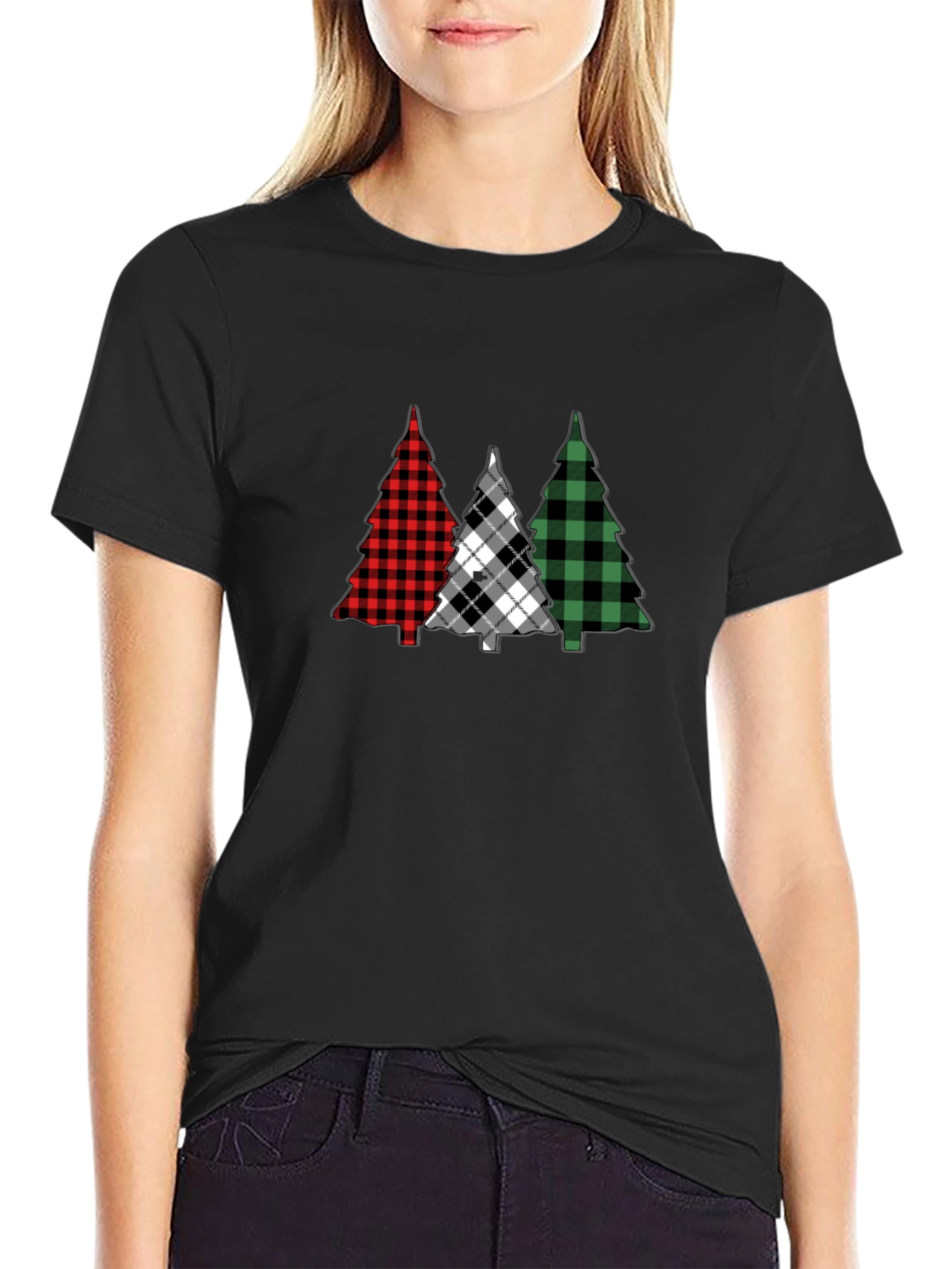 Plaid Christmas Tree Graphic Tee - Holiday Style