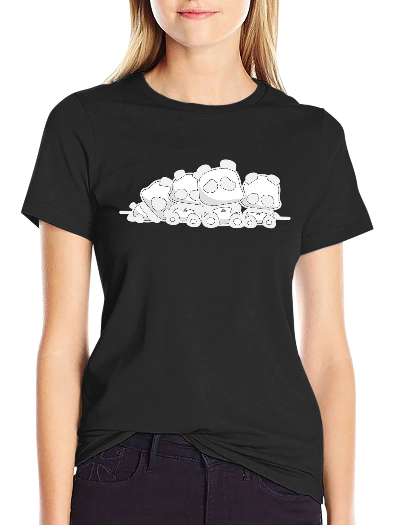 Cute Panda Bear Pile Black T-Shirt