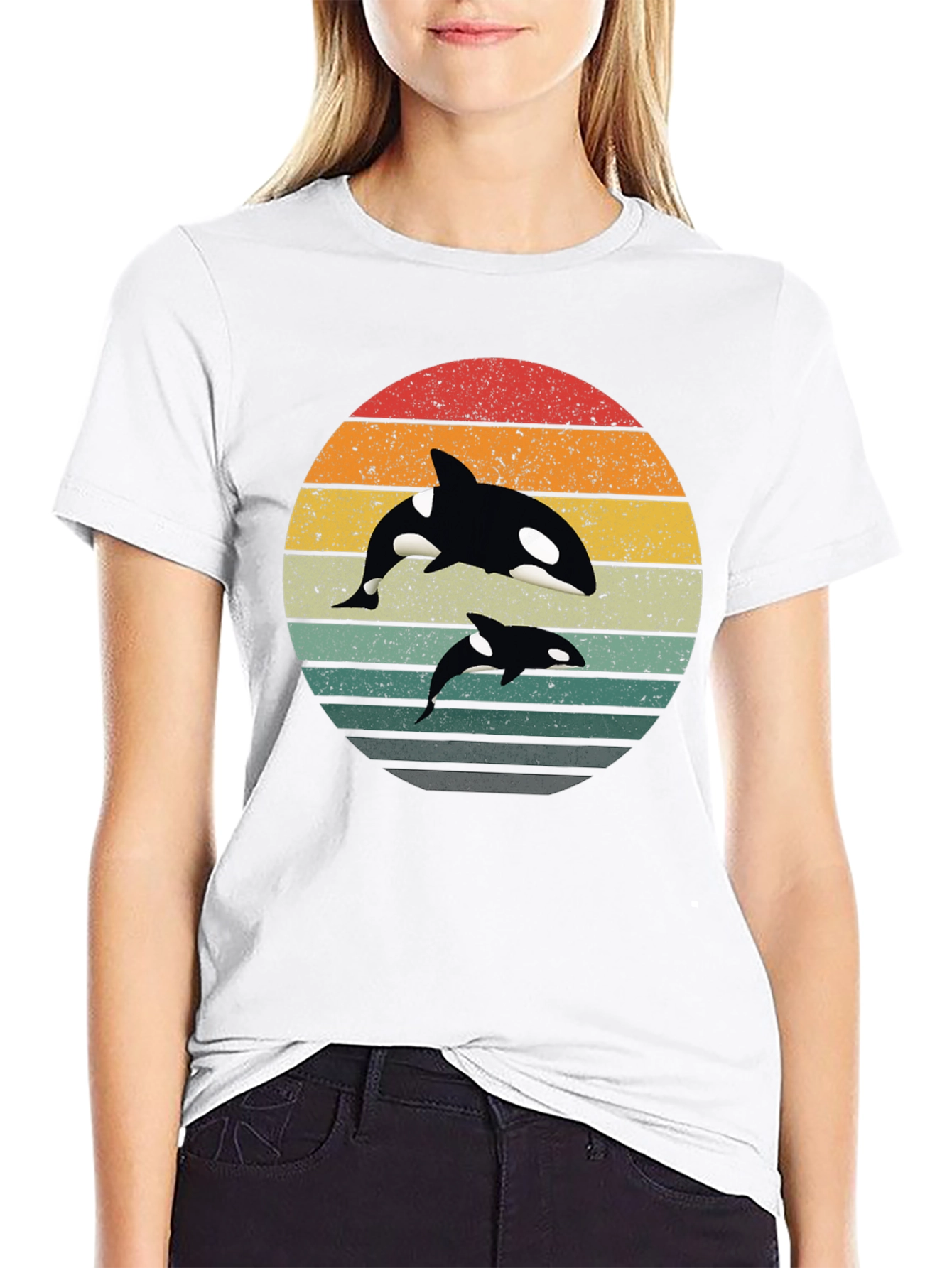 Orca Sunset T-Shirt - Black Retro Style