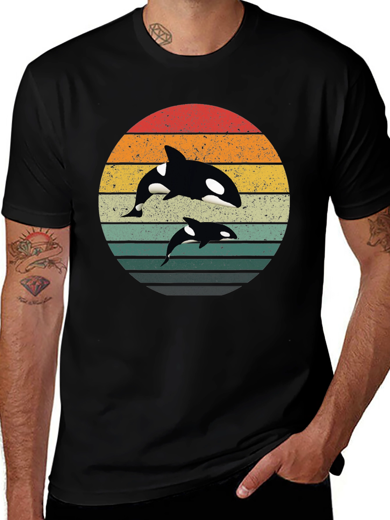 Orca Sunset T-Shirt - Black Retro Style