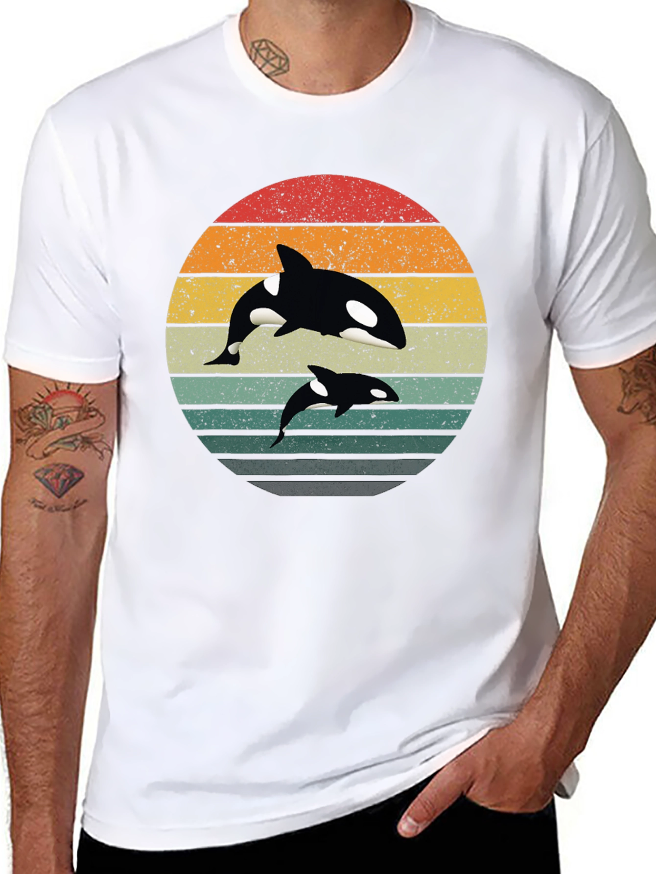 Orca Sunset T-Shirt - Black Retro Style