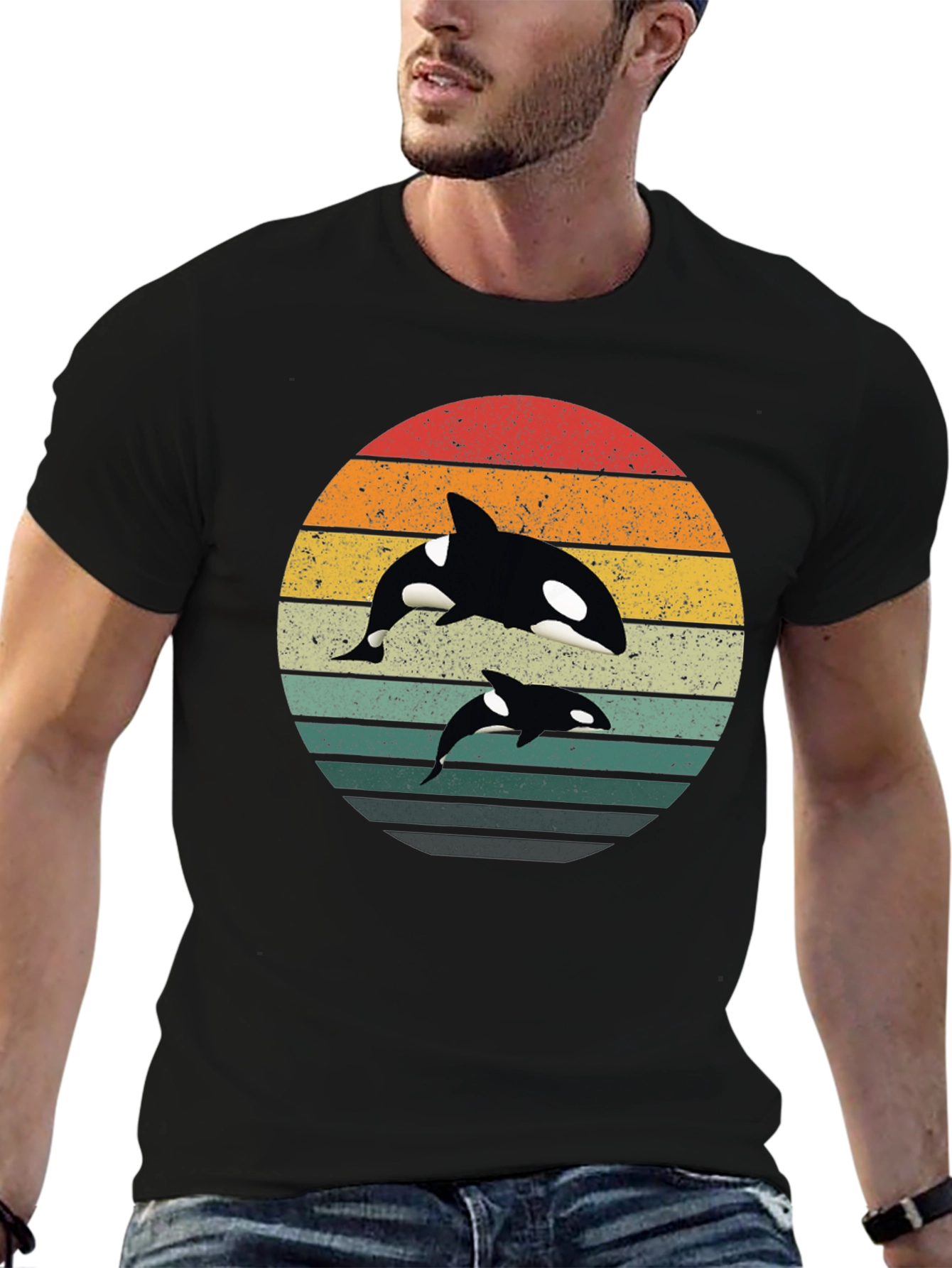 Orca Sunset T-Shirt - Black Retro Style