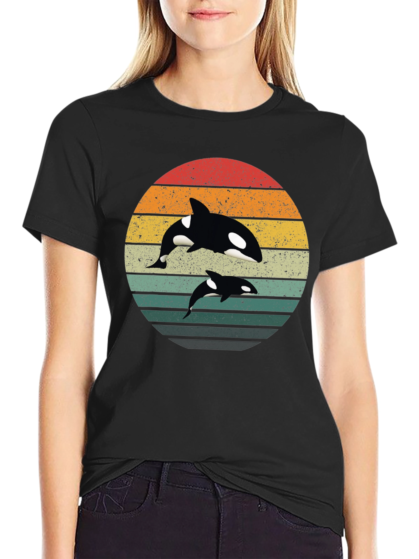 Orca Sunset T-Shirt - Black Retro Style