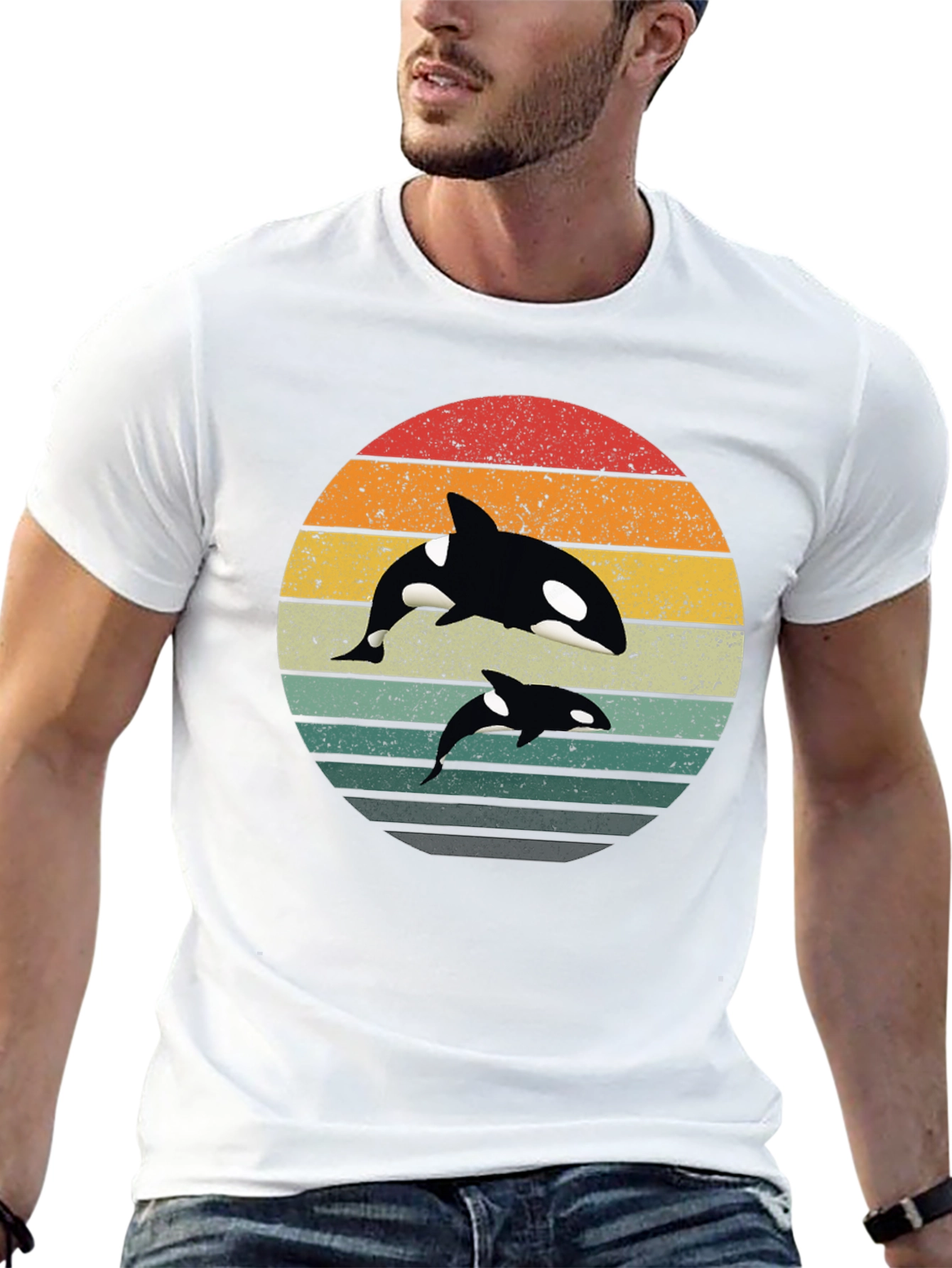 Orca Sunset T-Shirt - Black Retro Style