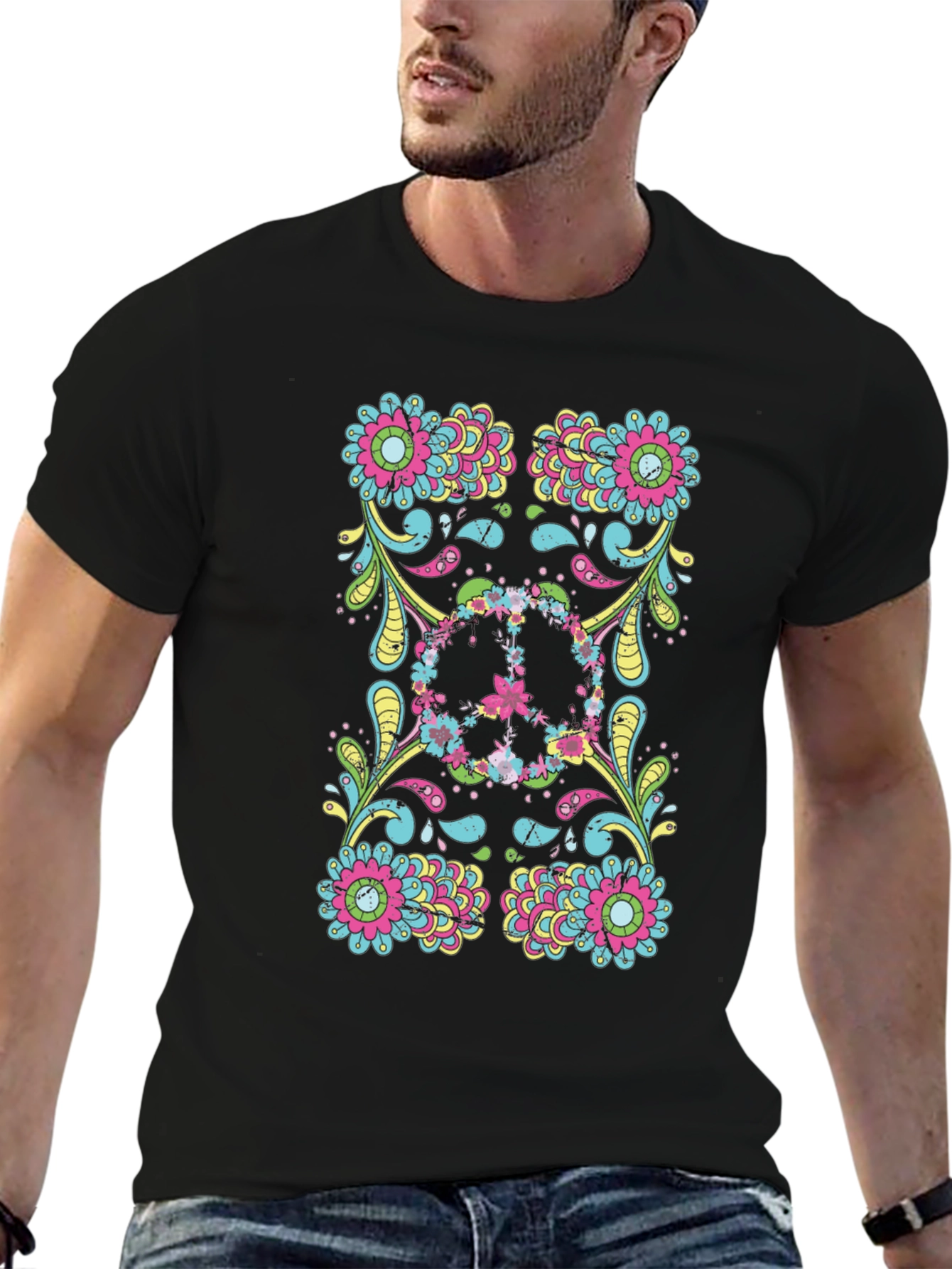 Floral Peace Sign Black Graphic Tee