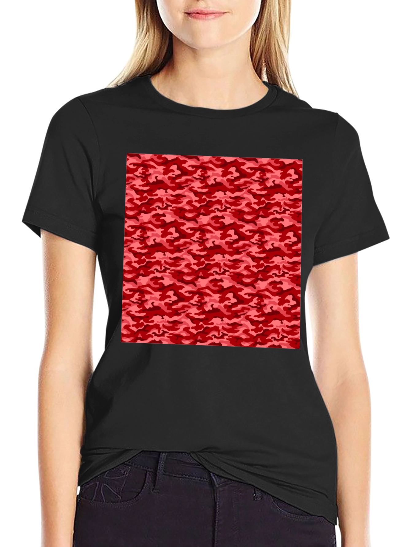 Red Camo Pattern Black T-Shirt