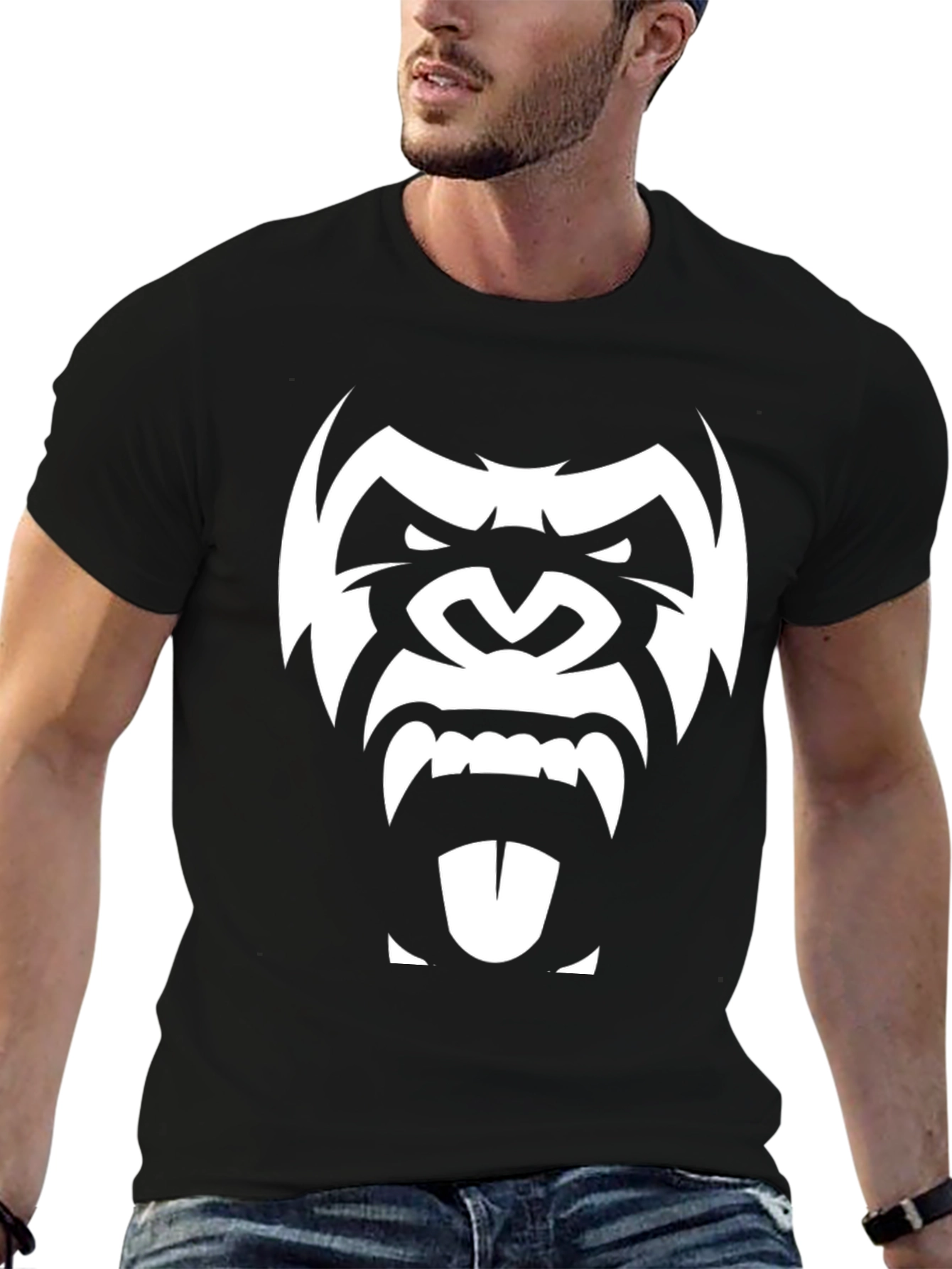 Mens Black T-Shirt with White Gorilla Graphic