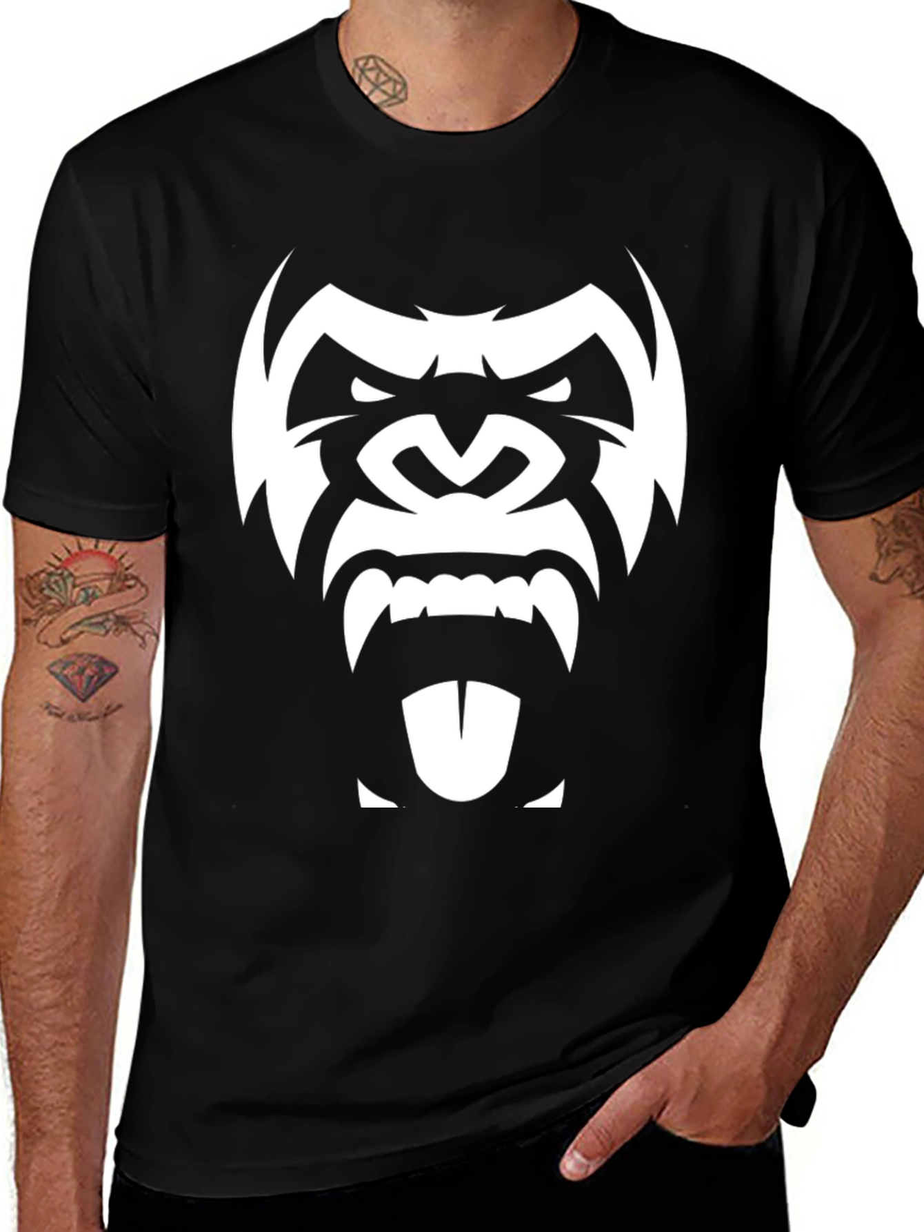 Mens Black T-Shirt with White Gorilla Graphic