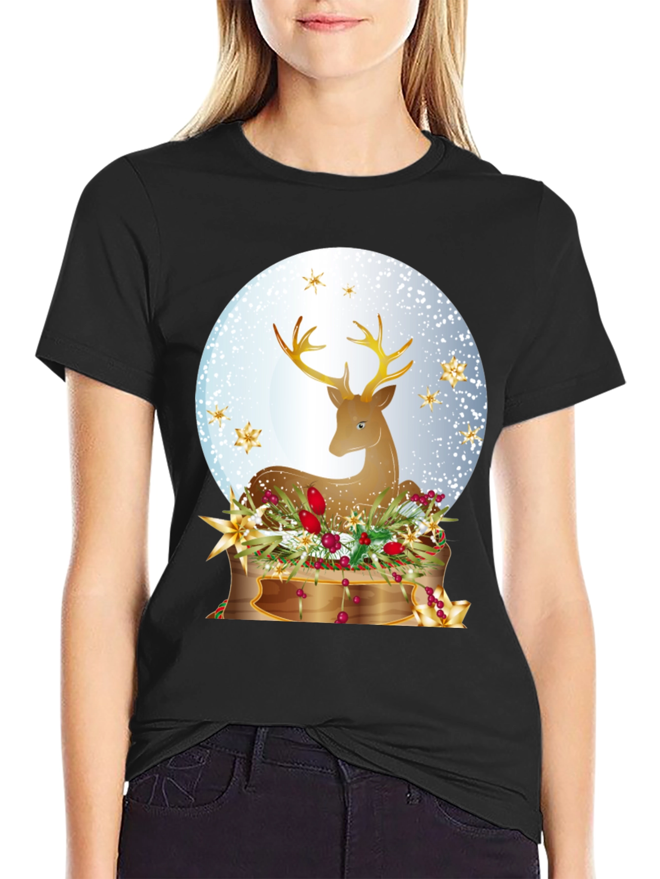 Festive Deer Graphic T-Shirt - Holiday Season Apparel