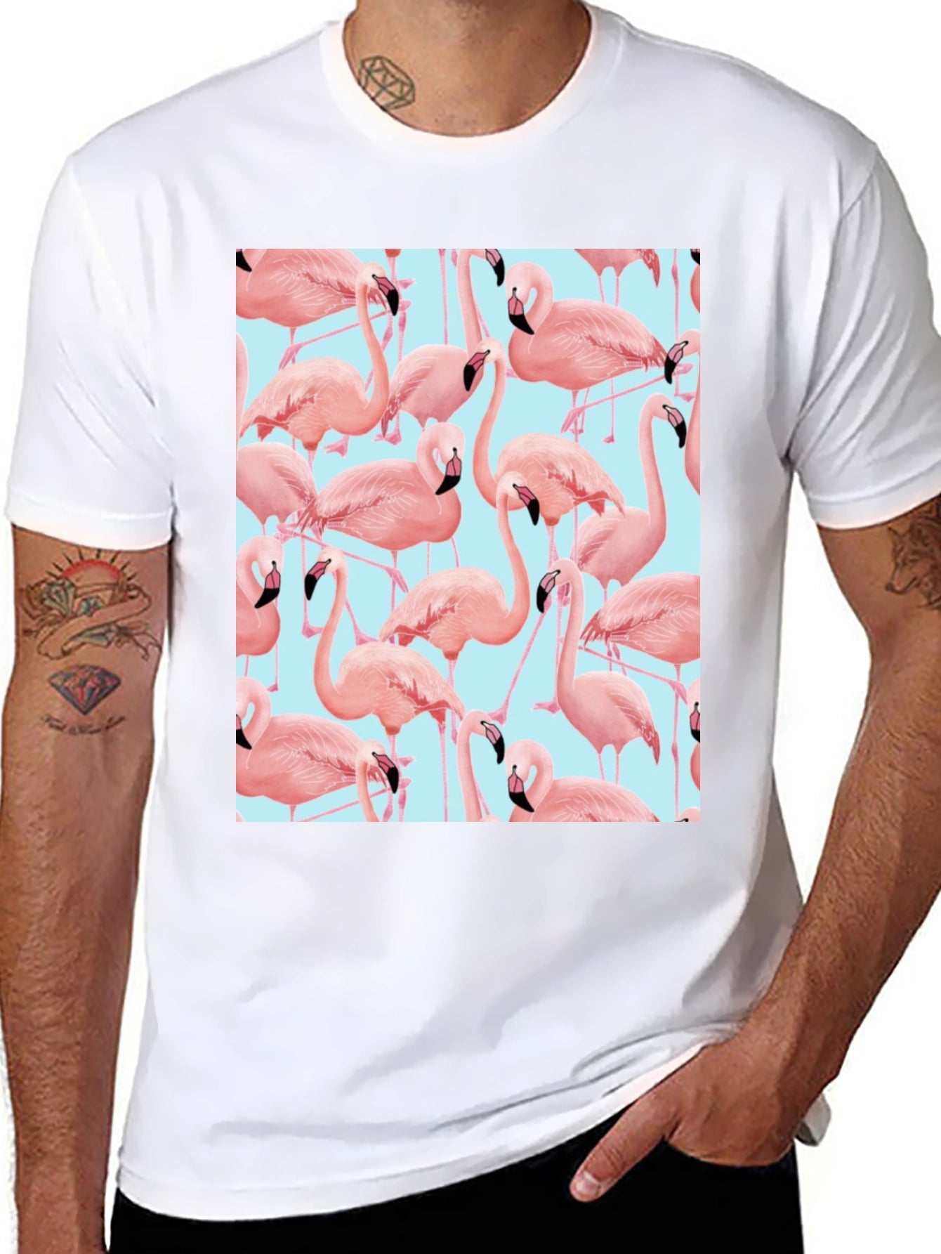 Flamingo Pattern Black T-Shirt