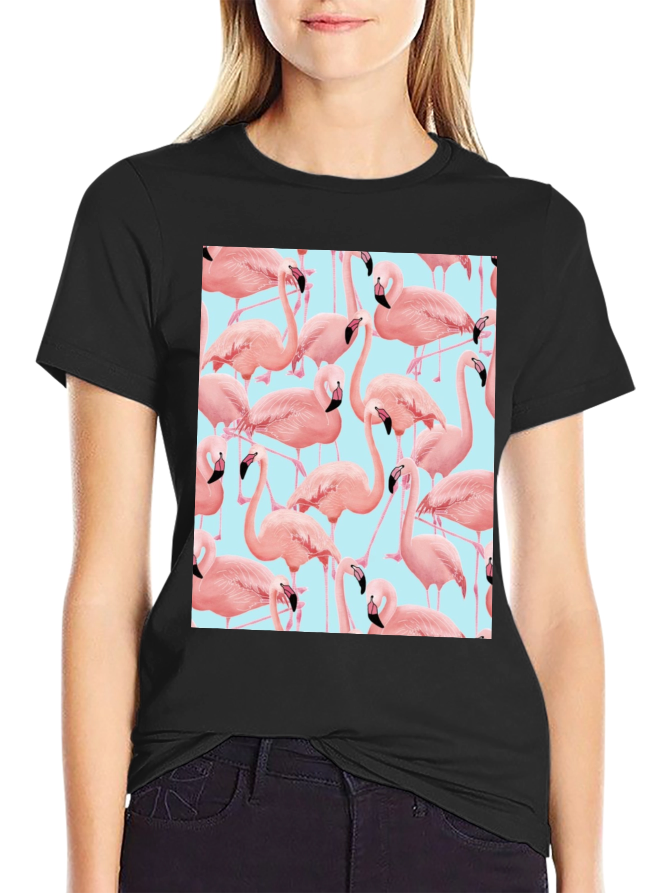 Flamingo Pattern Black T-Shirt