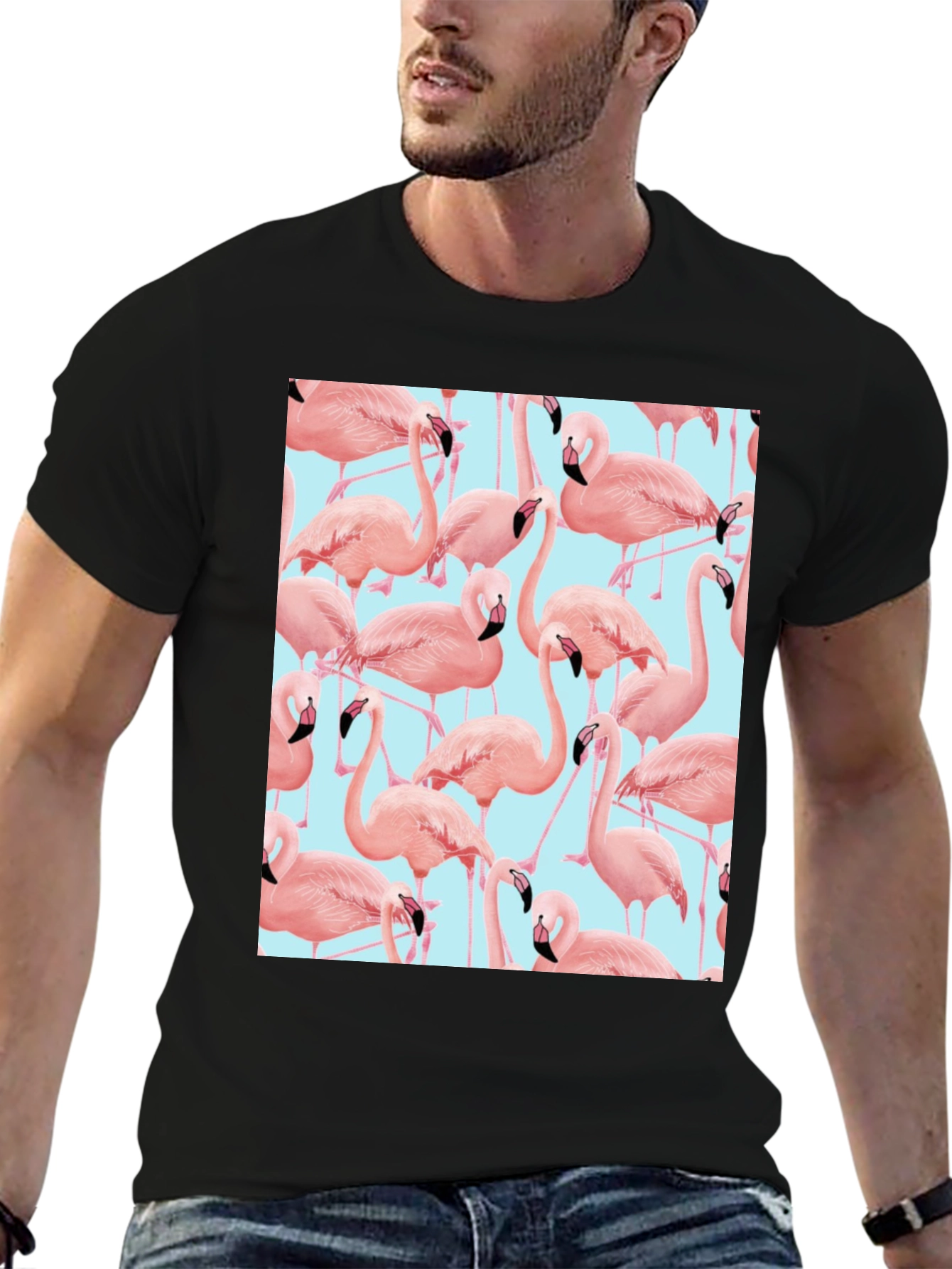 Flamingo Pattern Black T-Shirt