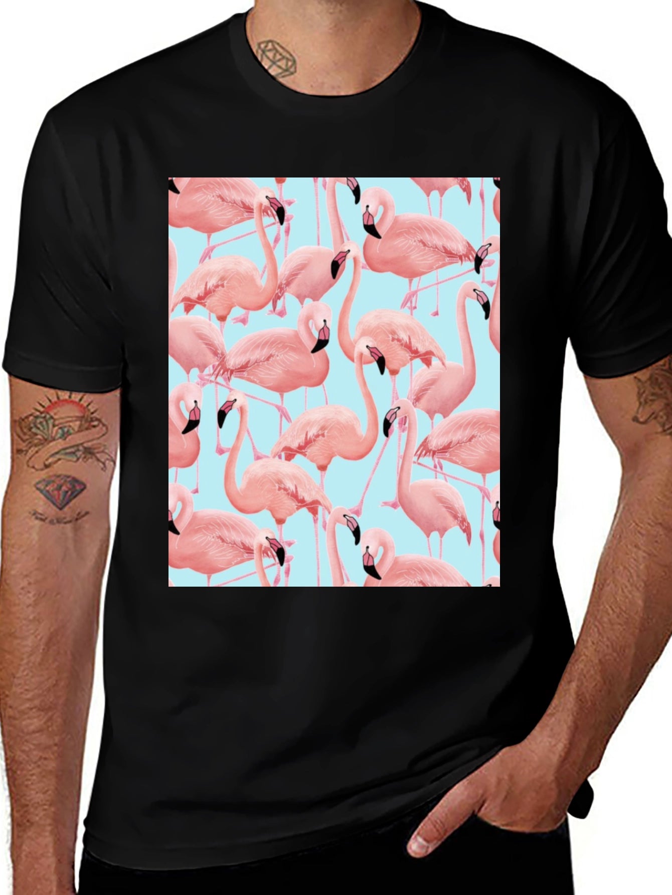 Flamingo Pattern Black T-Shirt