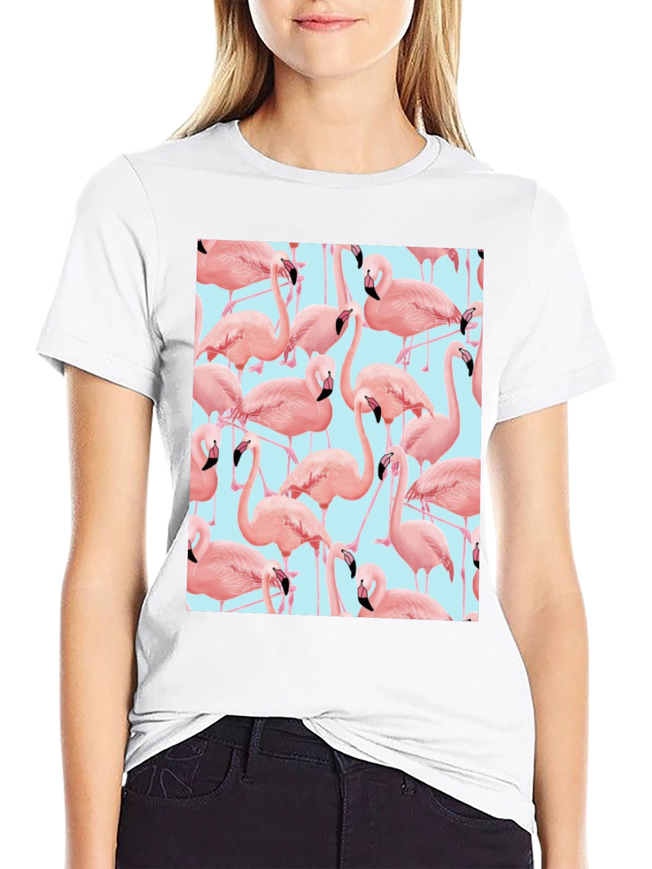 Flamingo Pattern Black T-Shirt