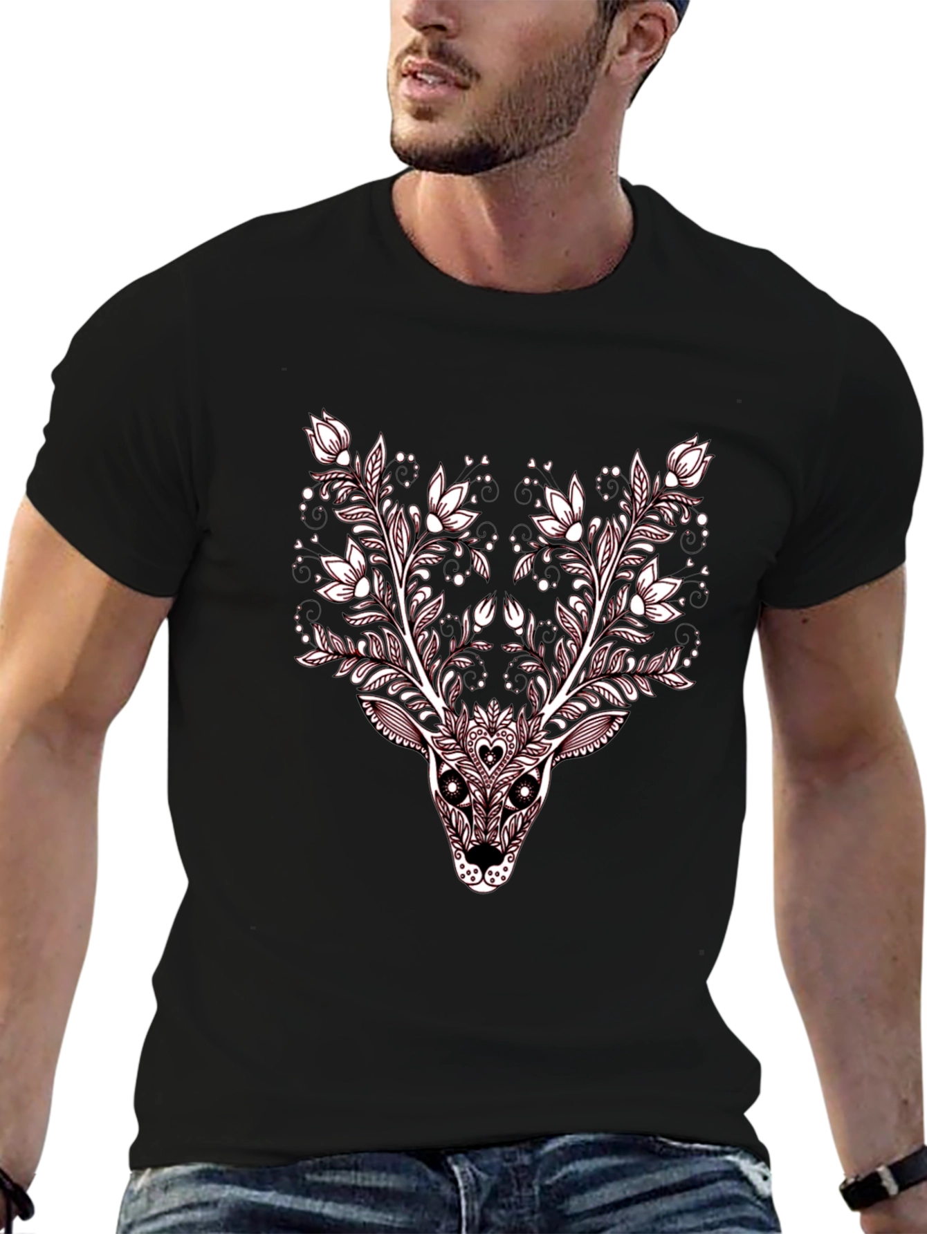 Floral Deer Graphic Tee - Stylish Black T-Shirt
