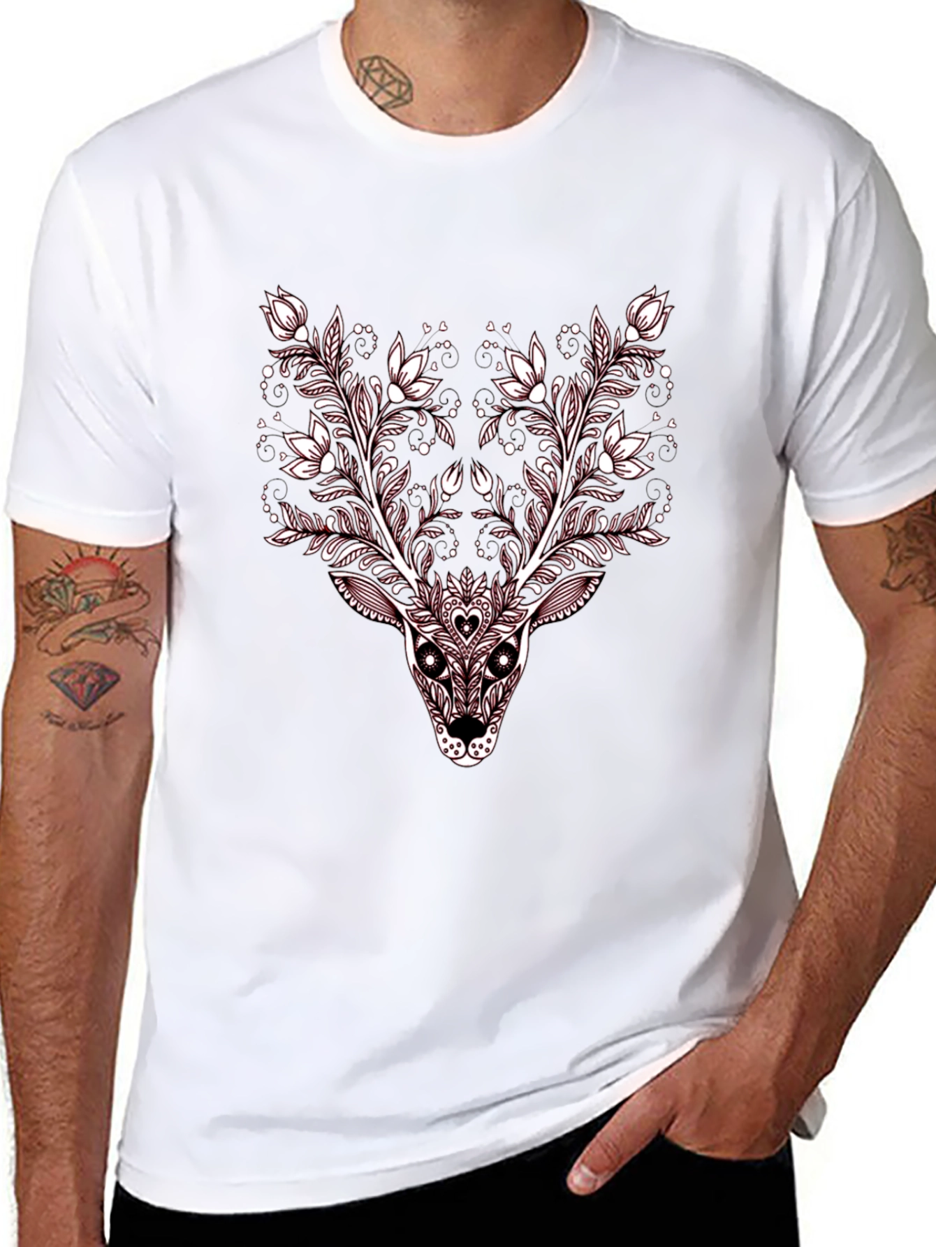 Floral Deer Graphic Tee - Stylish Black T-Shirt