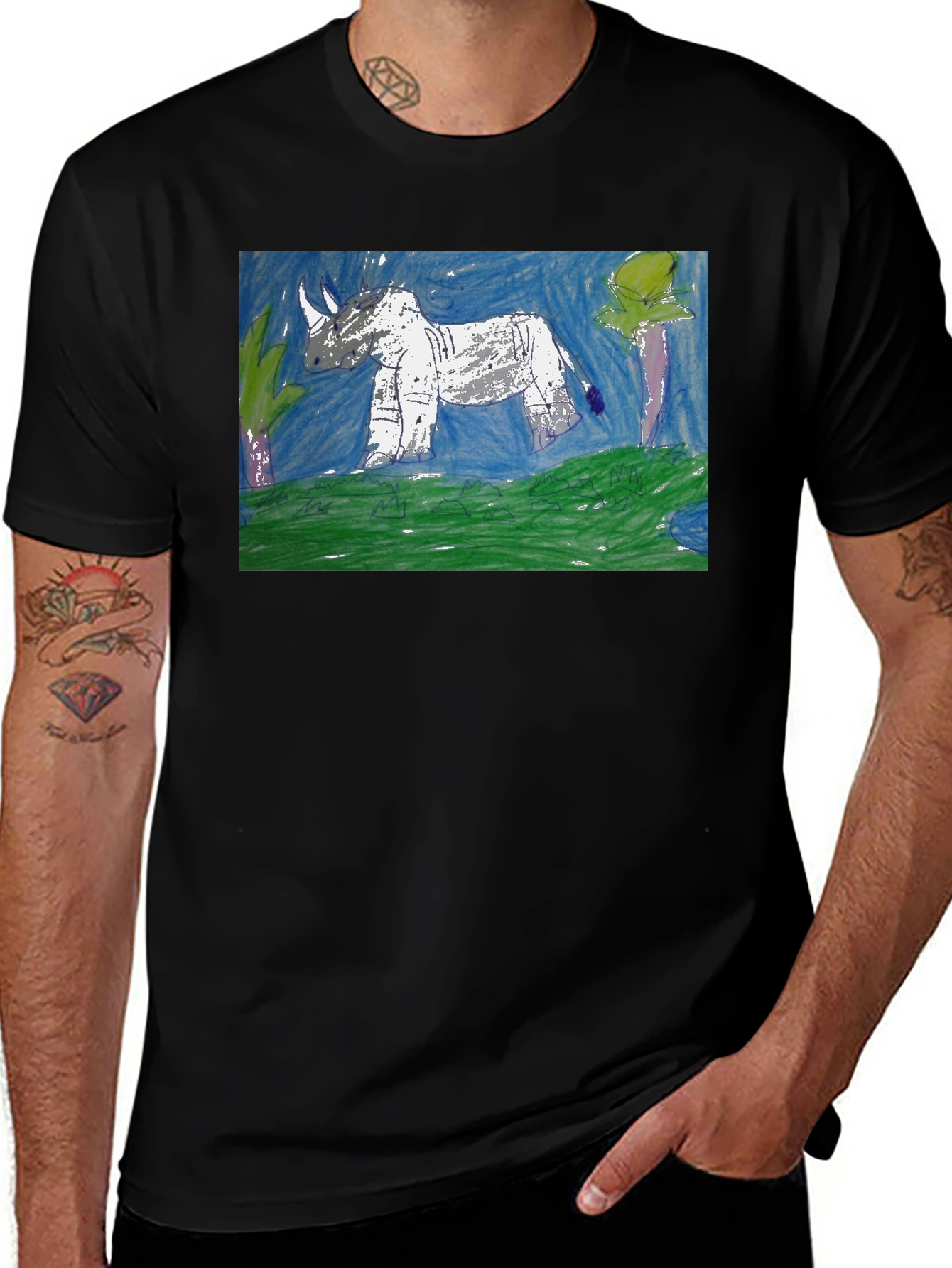 Rhino Art Graphic T-Shirt - Black Cotton Tee