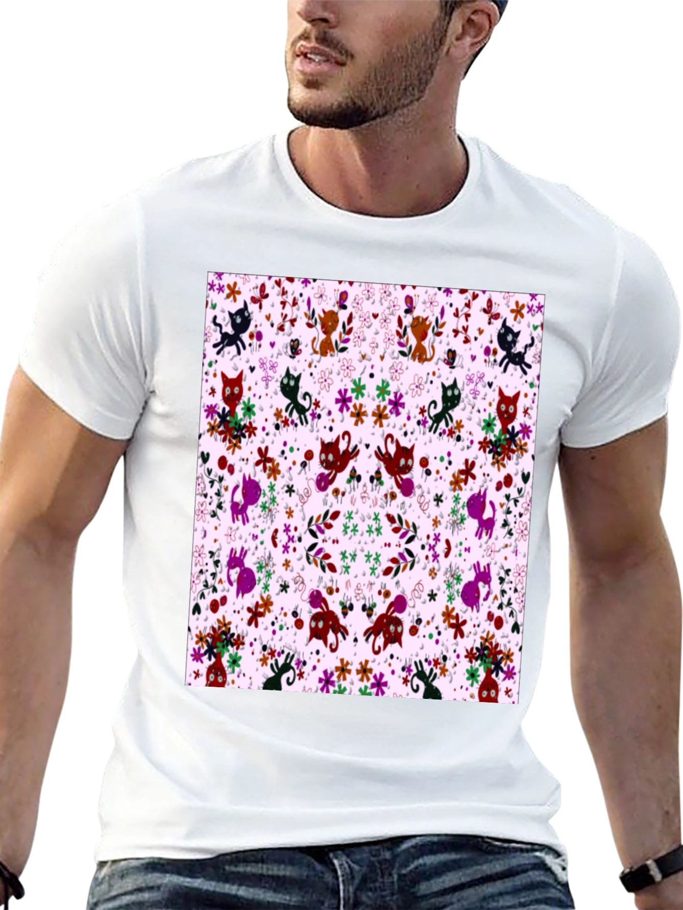 Floral Cat Pattern Black T-Shirt