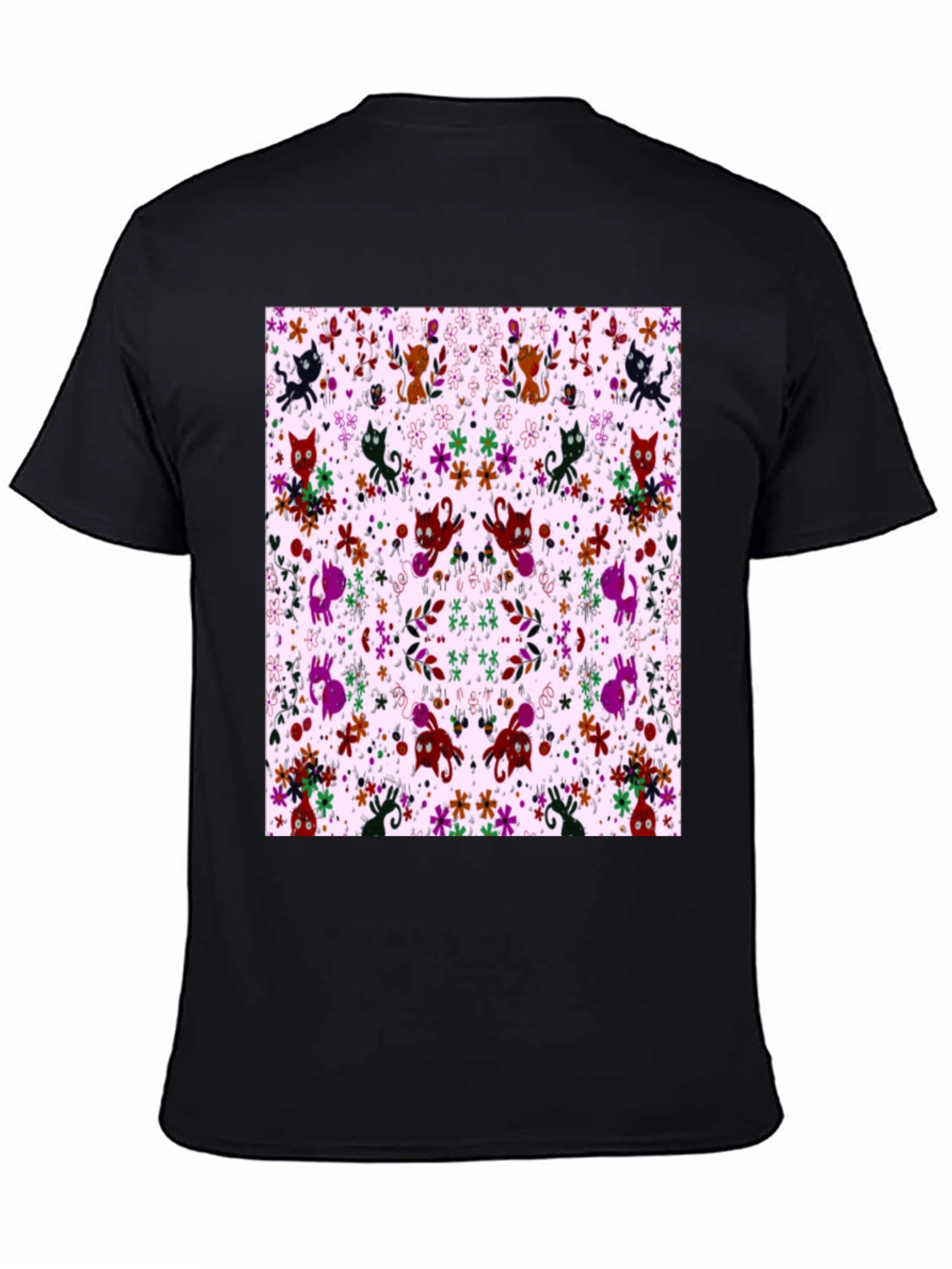 Floral Cat Pattern Black T-Shirt