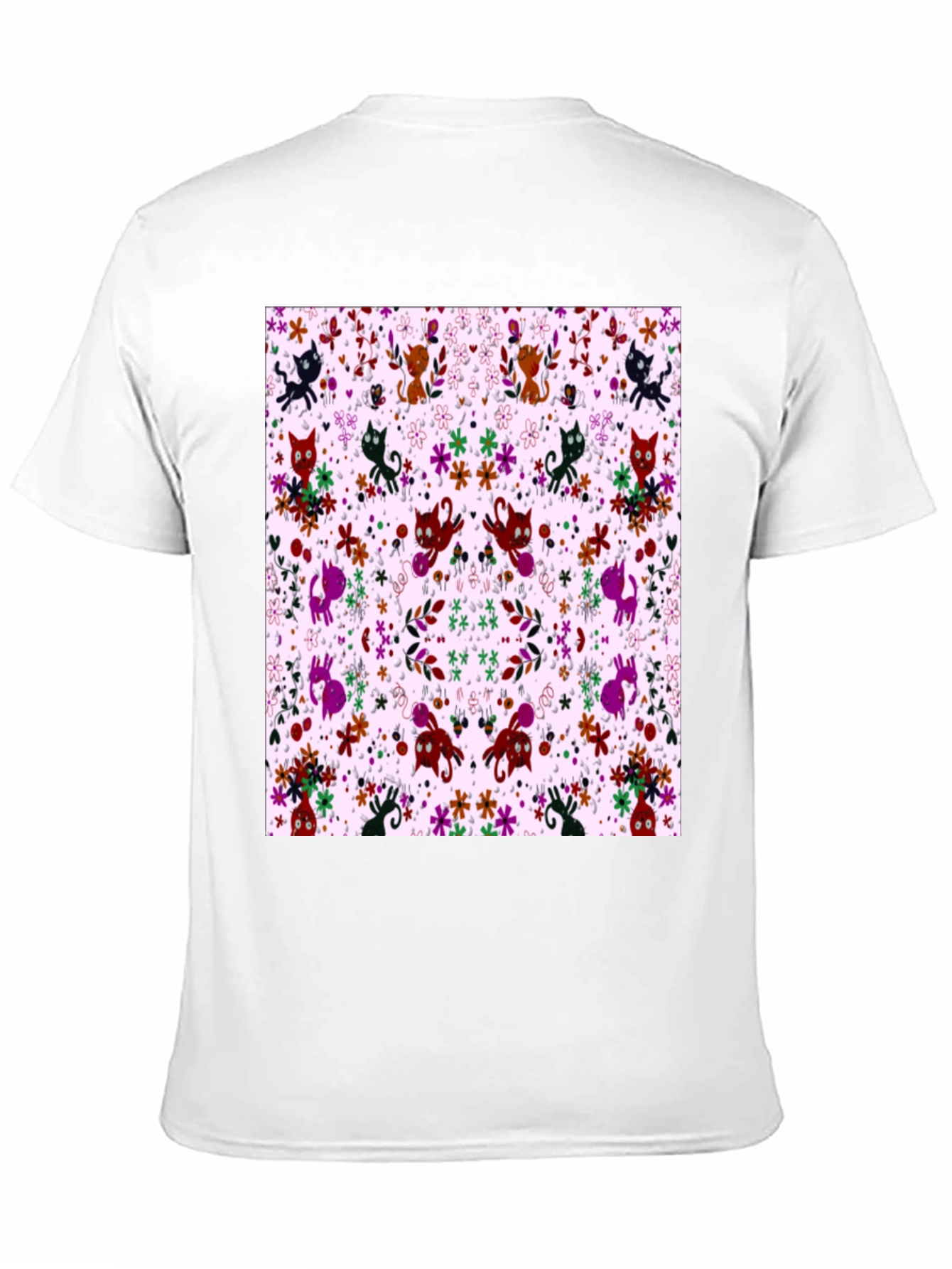 Floral Cat Pattern Black T-Shirt
