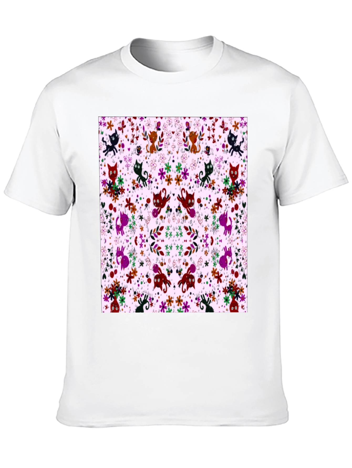 Floral Cat Pattern Black T-Shirt