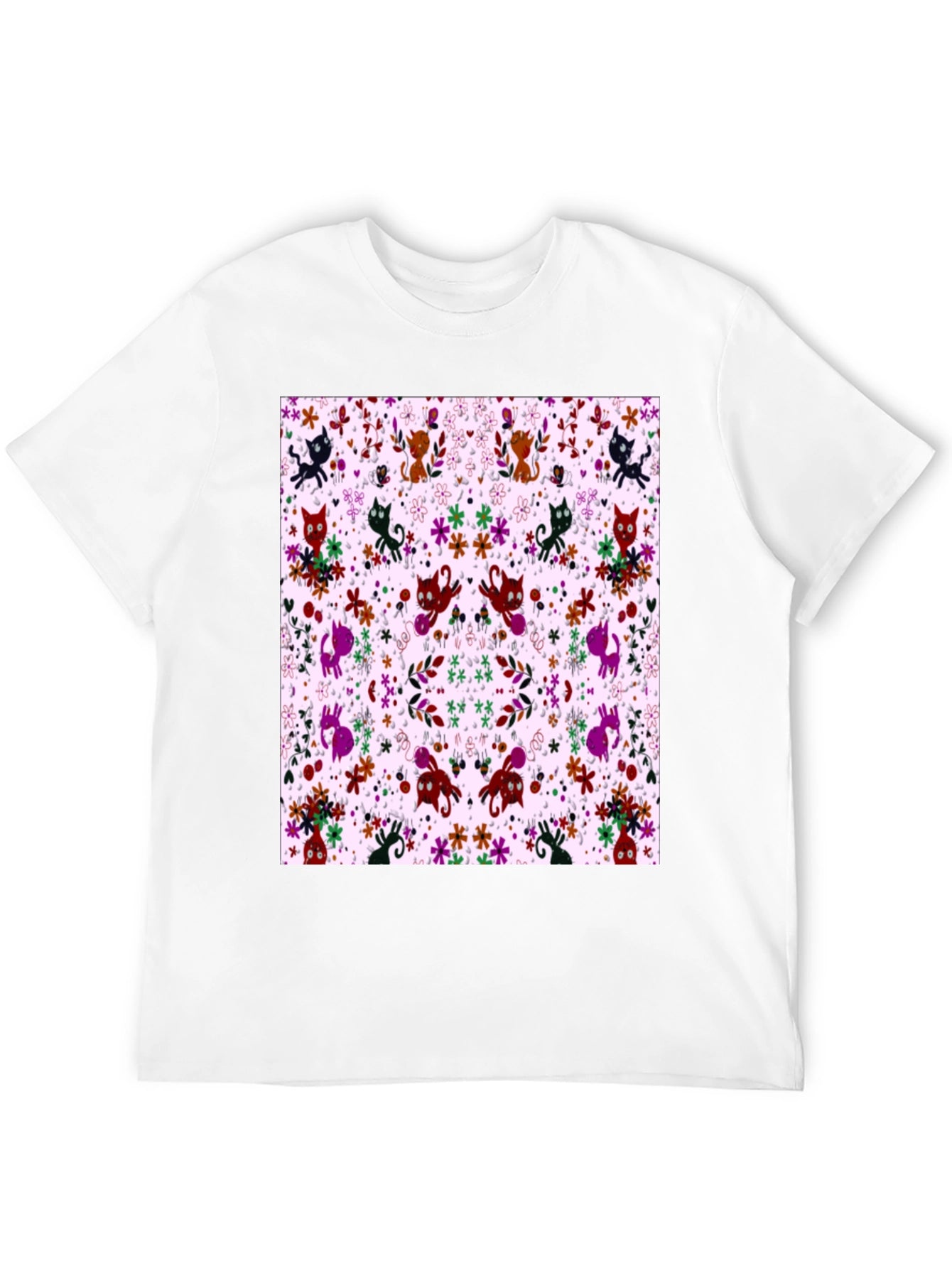Floral Cat Pattern Black T-Shirt