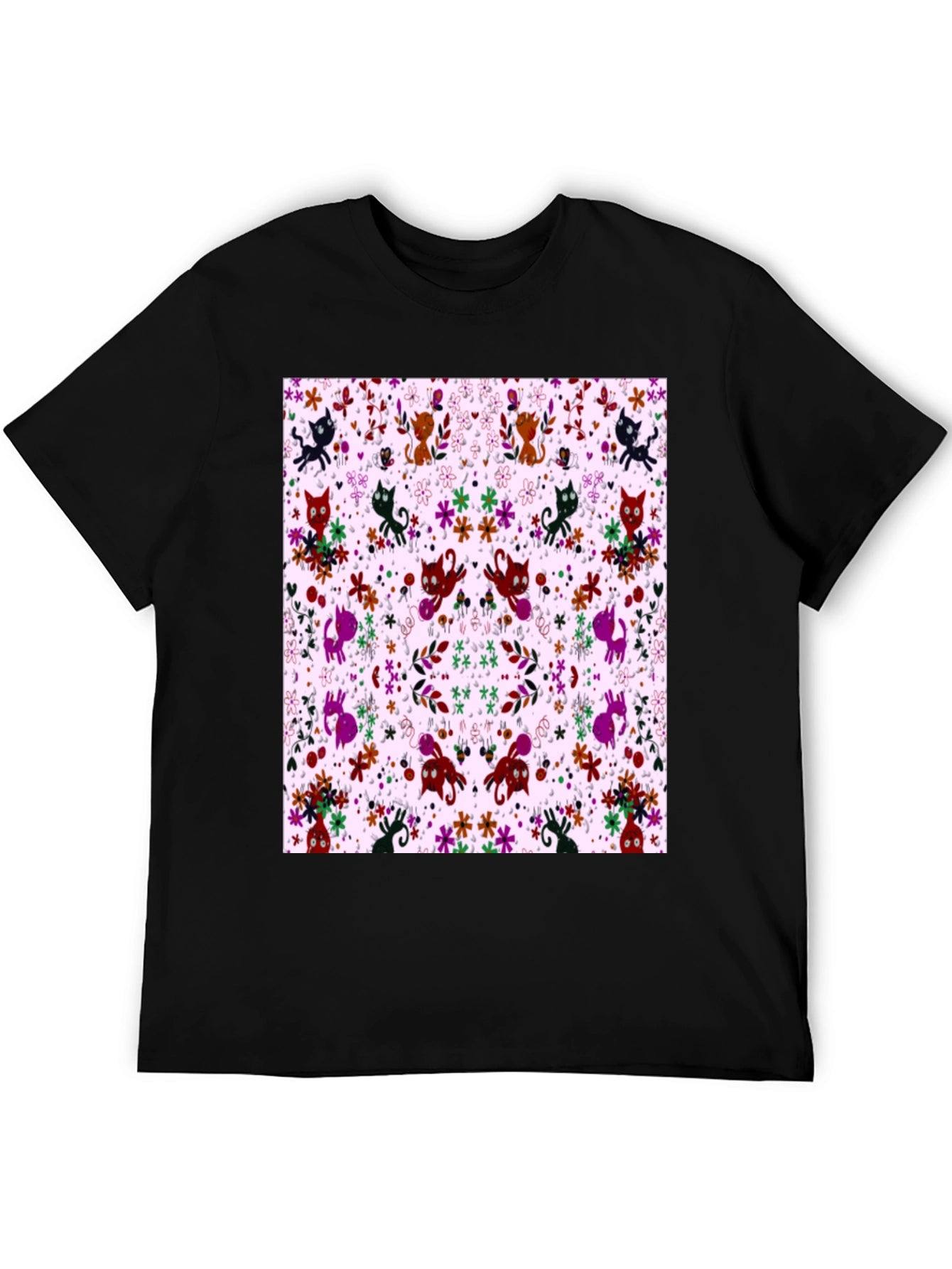Floral Cat Pattern Black T-Shirt